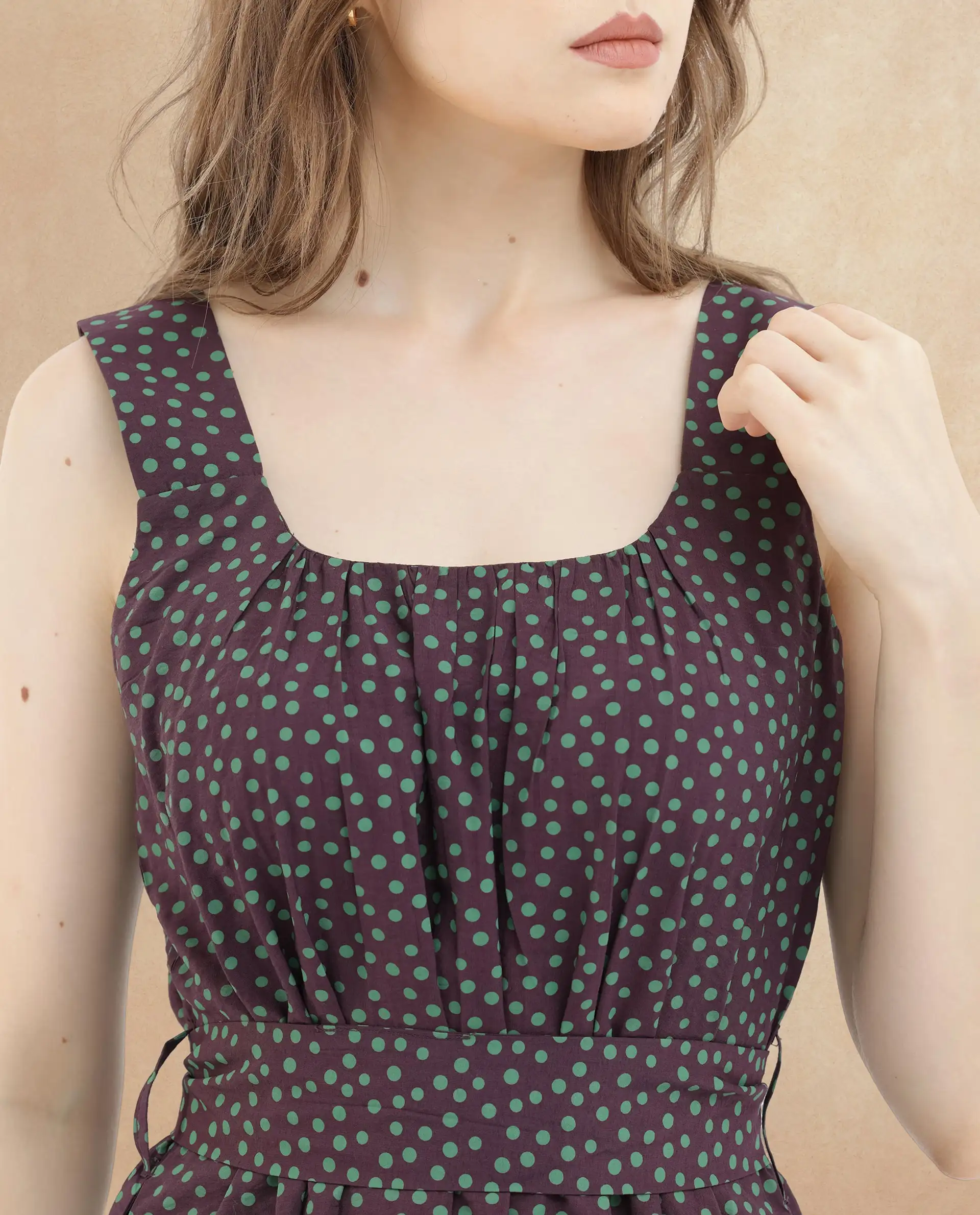Rareism Women's Eula Brown Viscose Shoulder Strap Polka Print Shoulder Strap Midi Flared Dress - Image 2