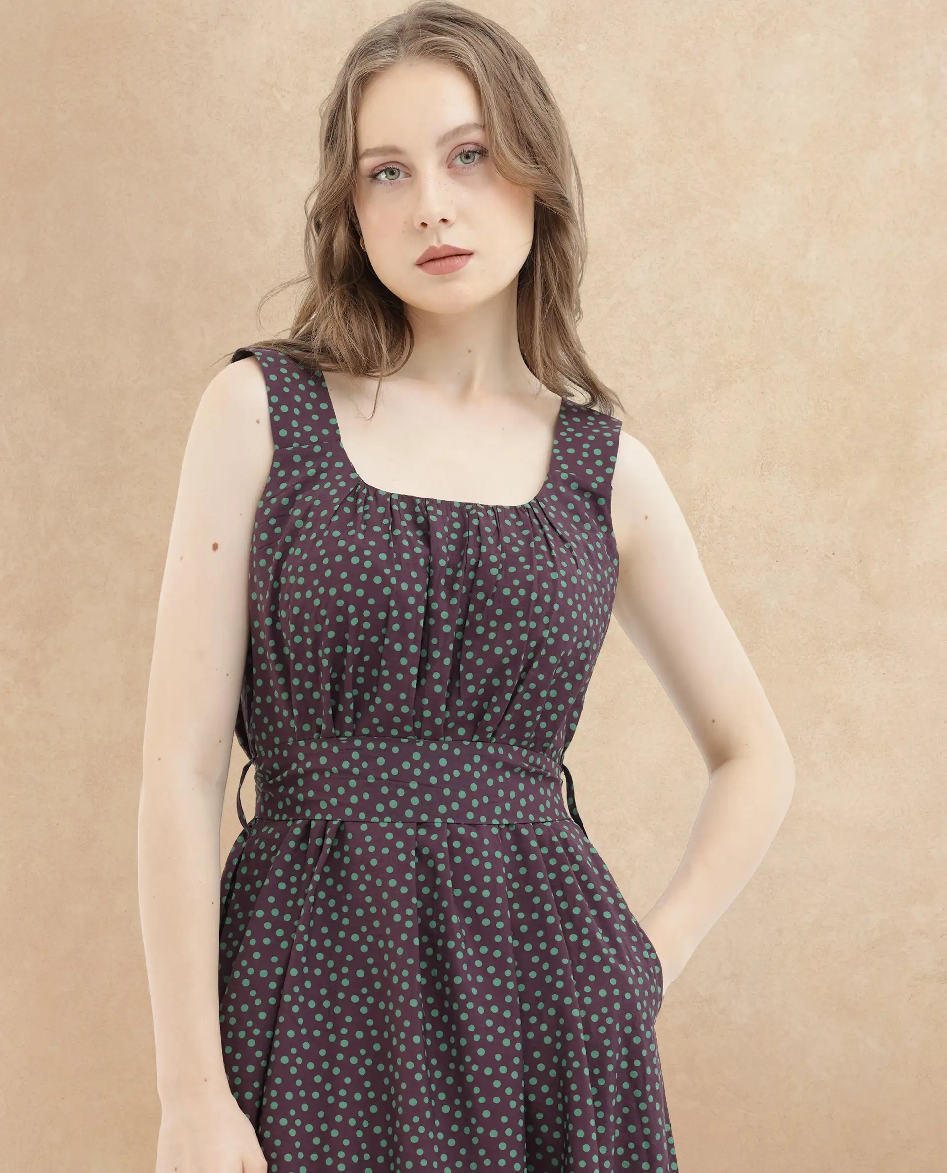 Rareism Women's Eula Brown Viscose Shoulder Strap Polka Print Shoulder Strap Midi Flared Dress - Image 3