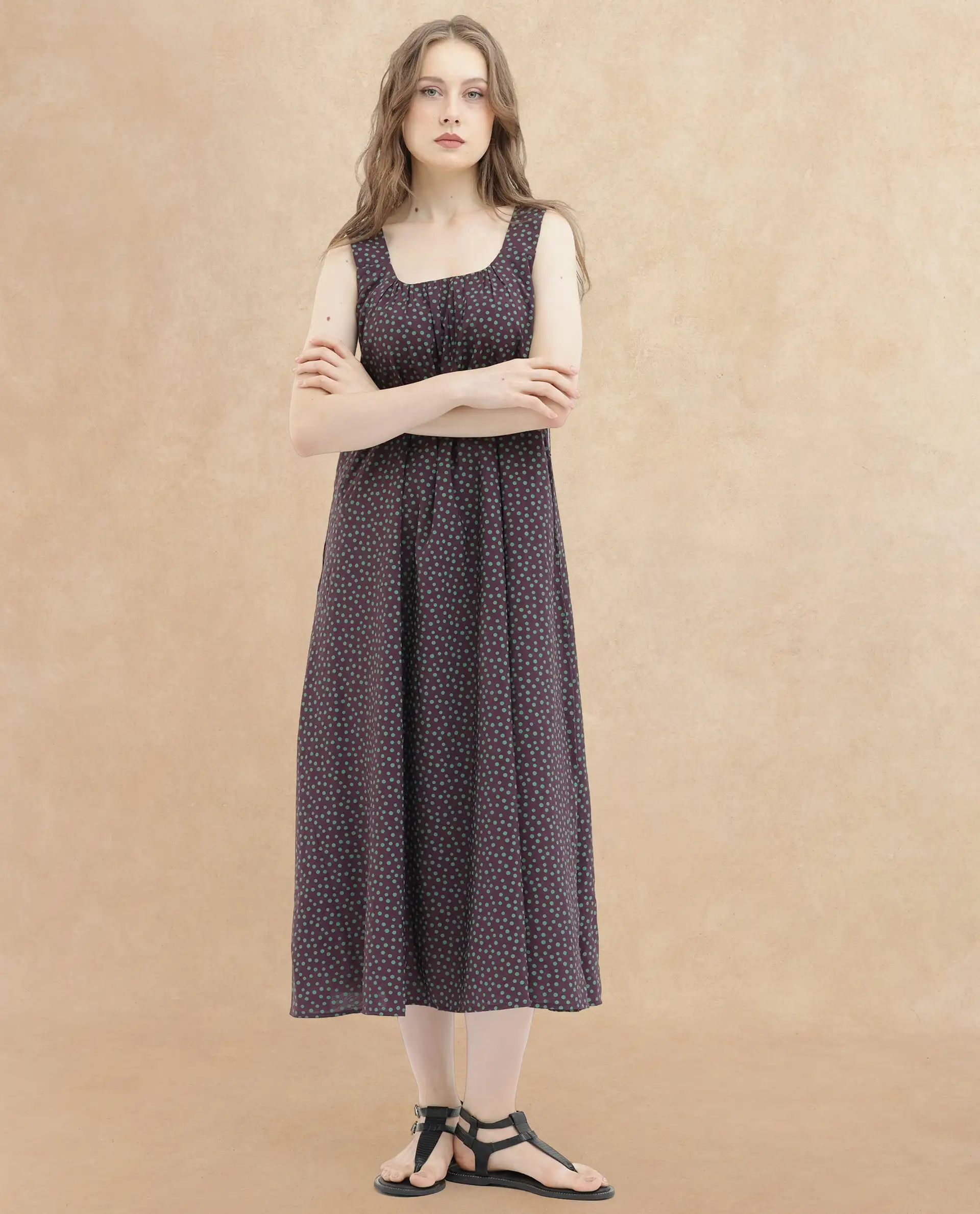 Rareism Women's Eula Brown Viscose Shoulder Strap Polka Print Shoulder Strap Midi Flared Dress - Image 4