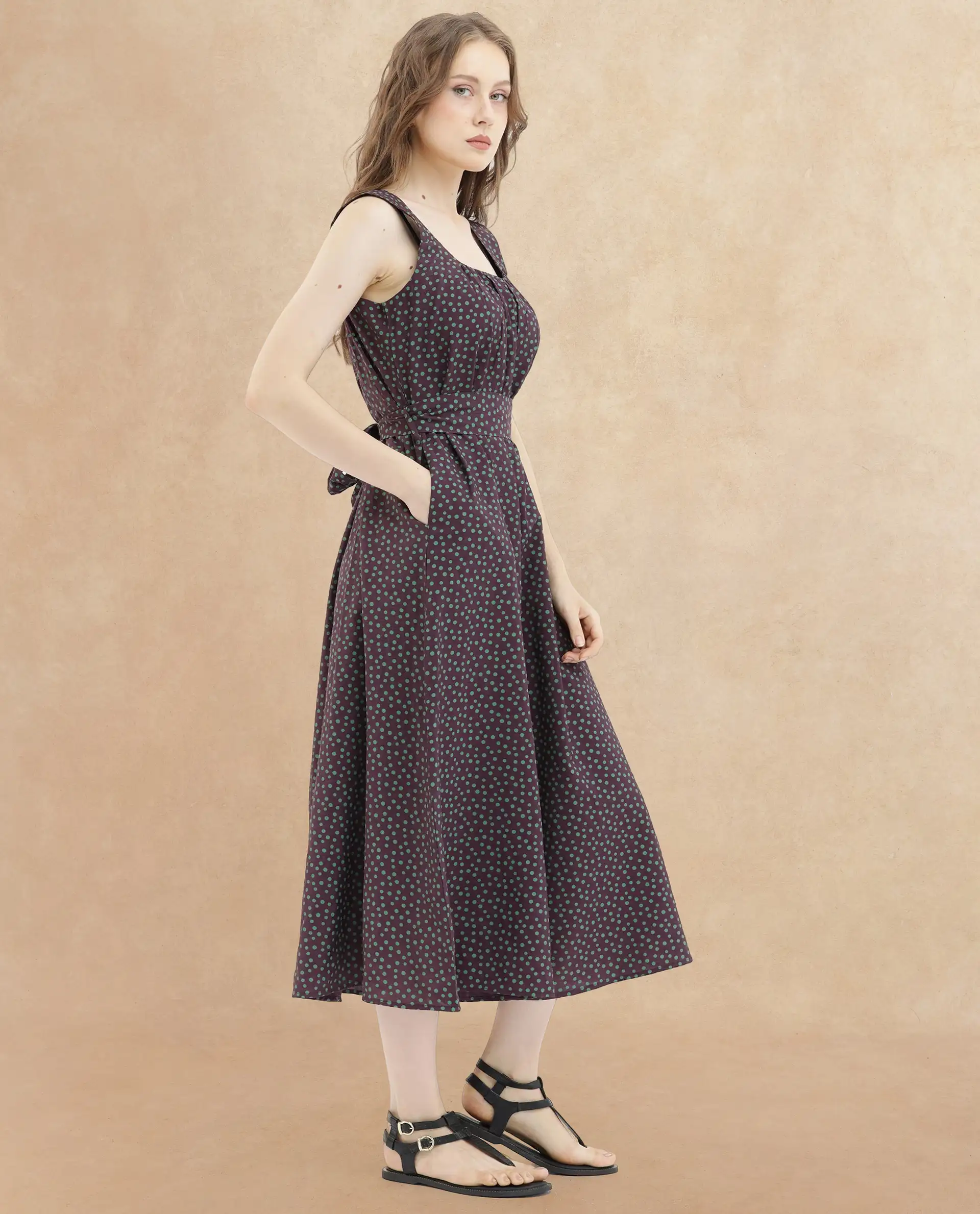 Rareism Women's Eula Brown Viscose Shoulder Strap Polka Print Shoulder Strap Midi Flared Dress - Image 7