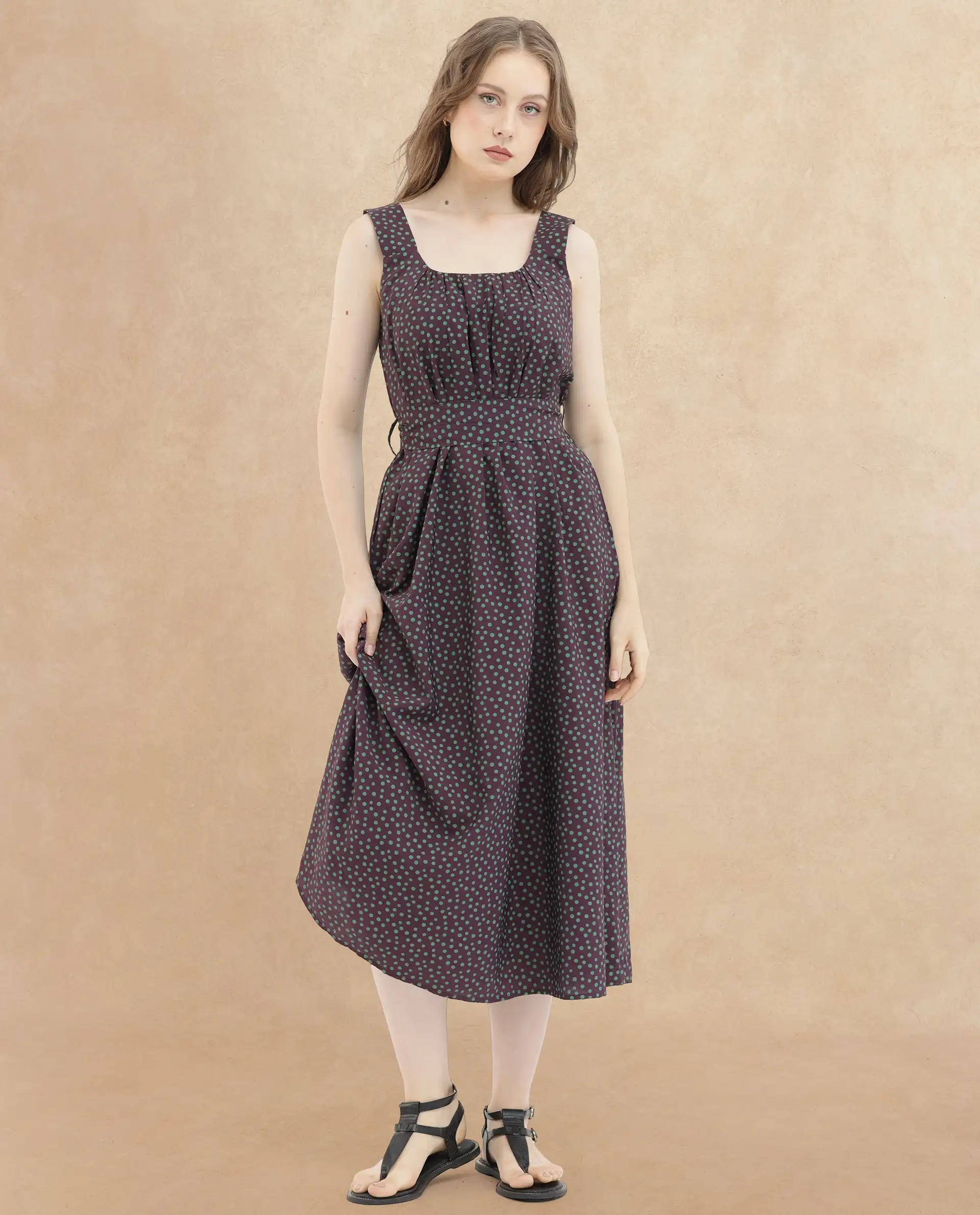 Rareism Women's Eula Brown Viscose Shoulder Strap Polka Print Shoulder Strap Midi Flared Dress - Image 8