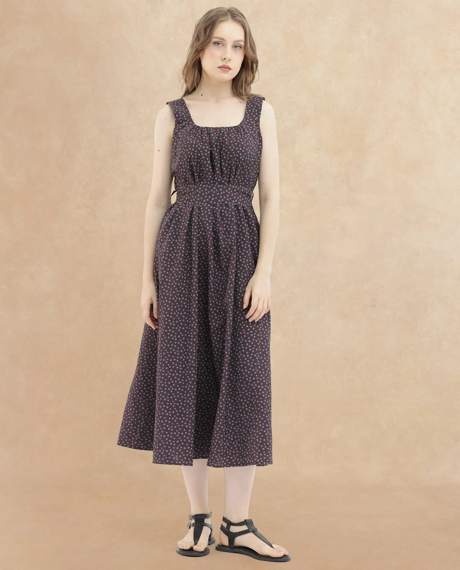 Rareism Women's Eula Brown Viscose Shoulder Strap Polka Print Shoulder Strap Midi Flared Dress - Image 9
