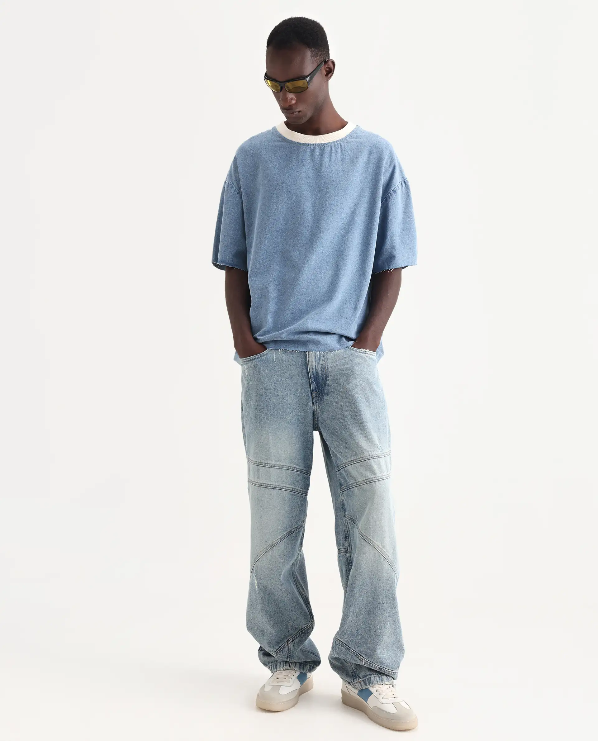 Rare Rabbit Men's Euler Light Blue Cotton Plain Oversized Fit Half Sleeve Crew Neck T-Shirt - Image 2