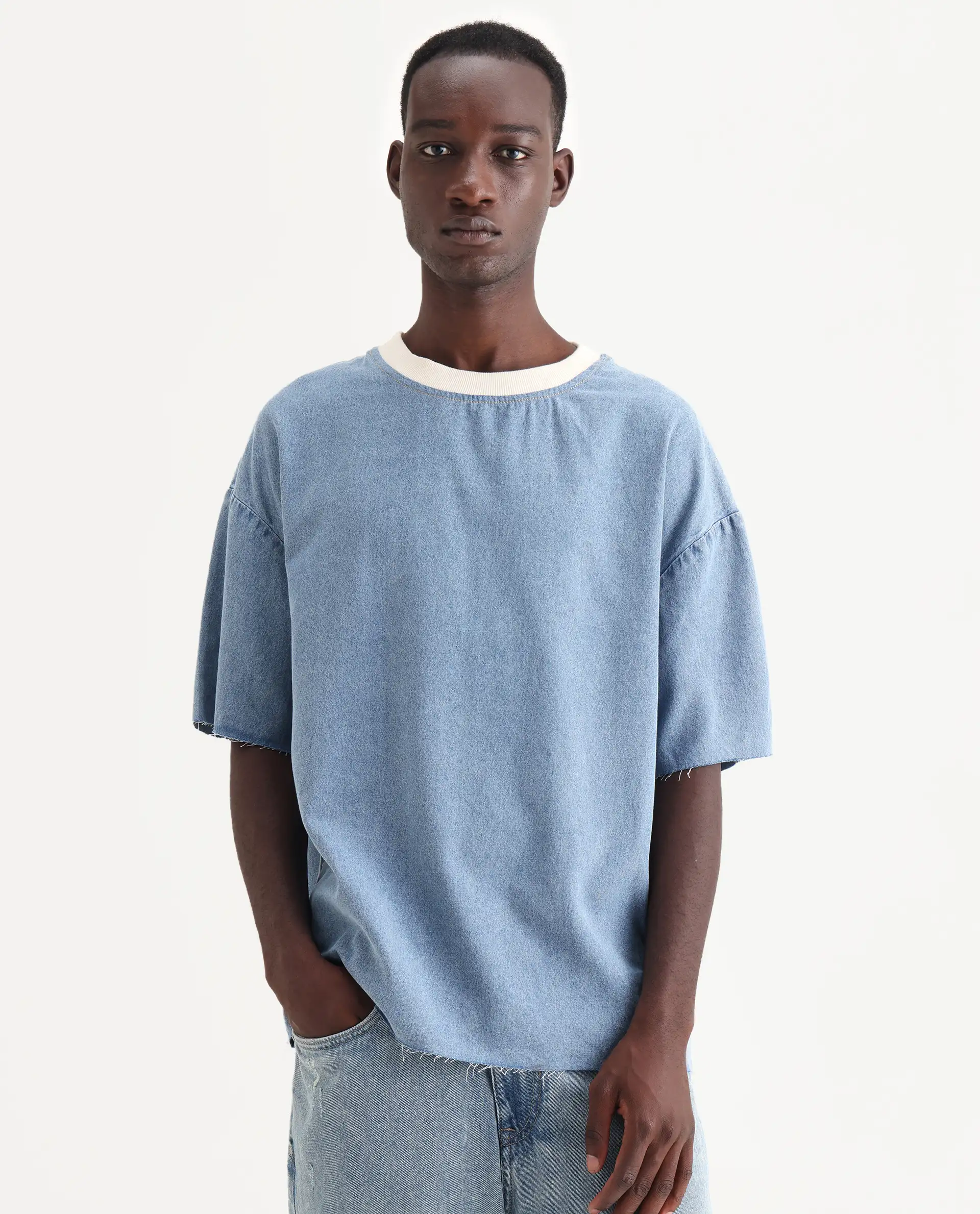 Rare Rabbit Men's Euler Light Blue Cotton Plain Oversized Fit Half Sleeve Crew Neck T-Shirt - Image 4