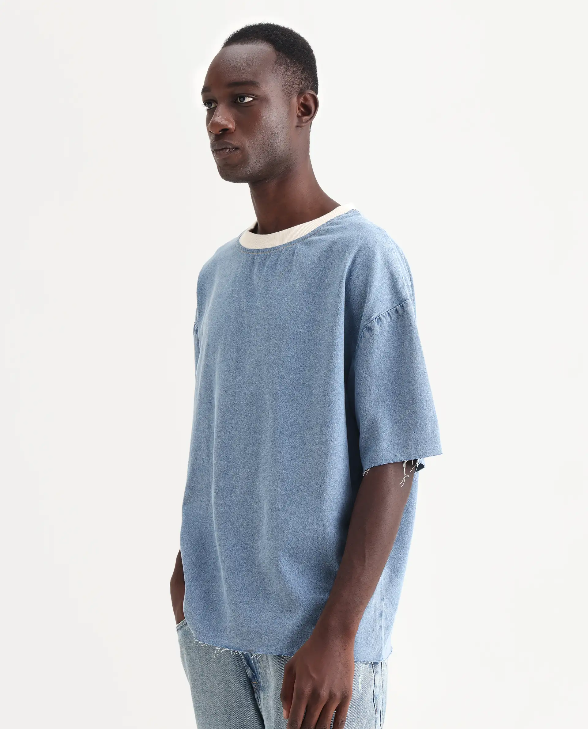 Rare Rabbit Men's Euler Light Blue Cotton Plain Oversized Fit Half Sleeve Crew Neck T-Shirt - Image 5