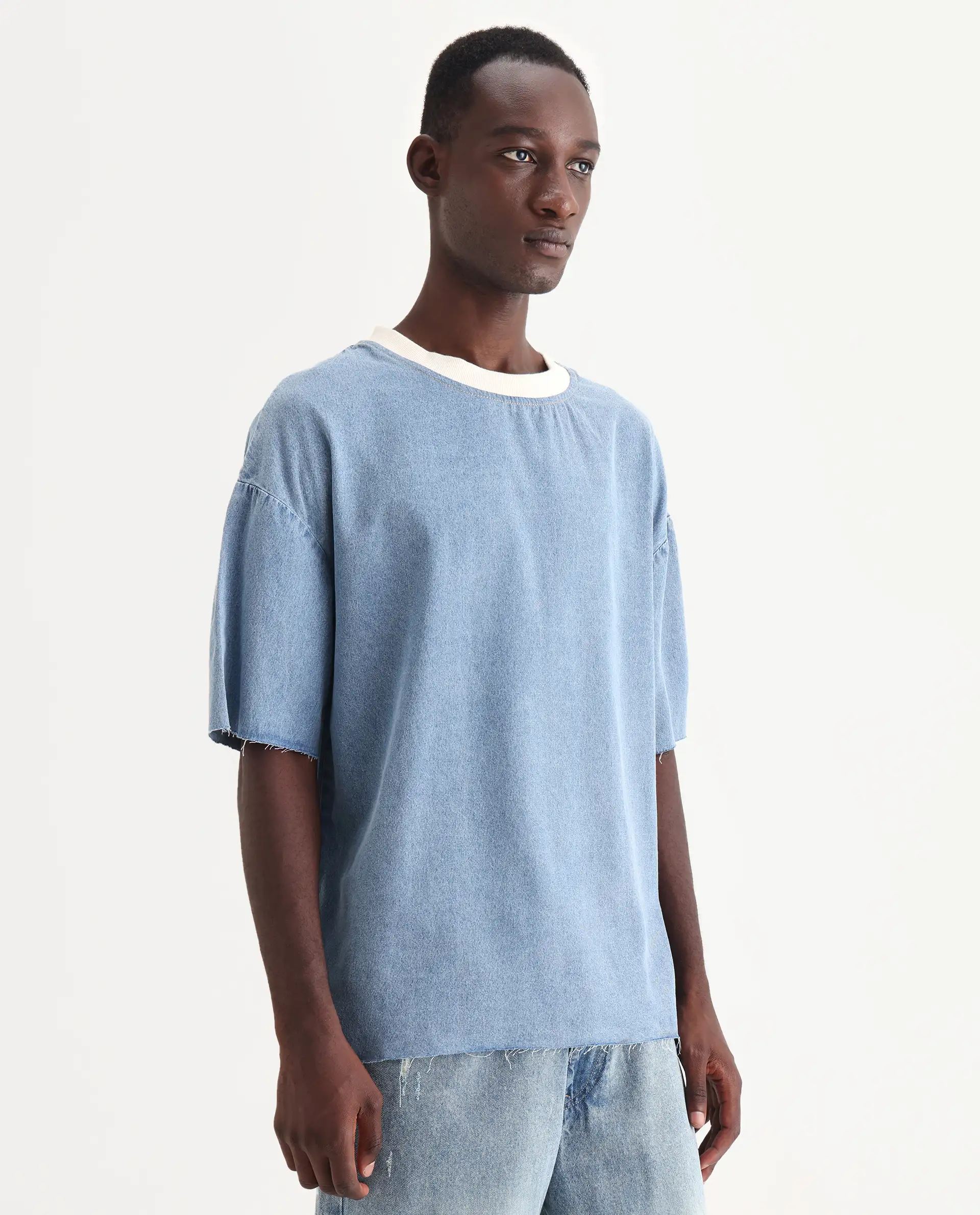 Rare Rabbit Men's Euler Light Blue Cotton Plain Oversized Fit Half Sleeve Crew Neck T-Shirt - Image 6