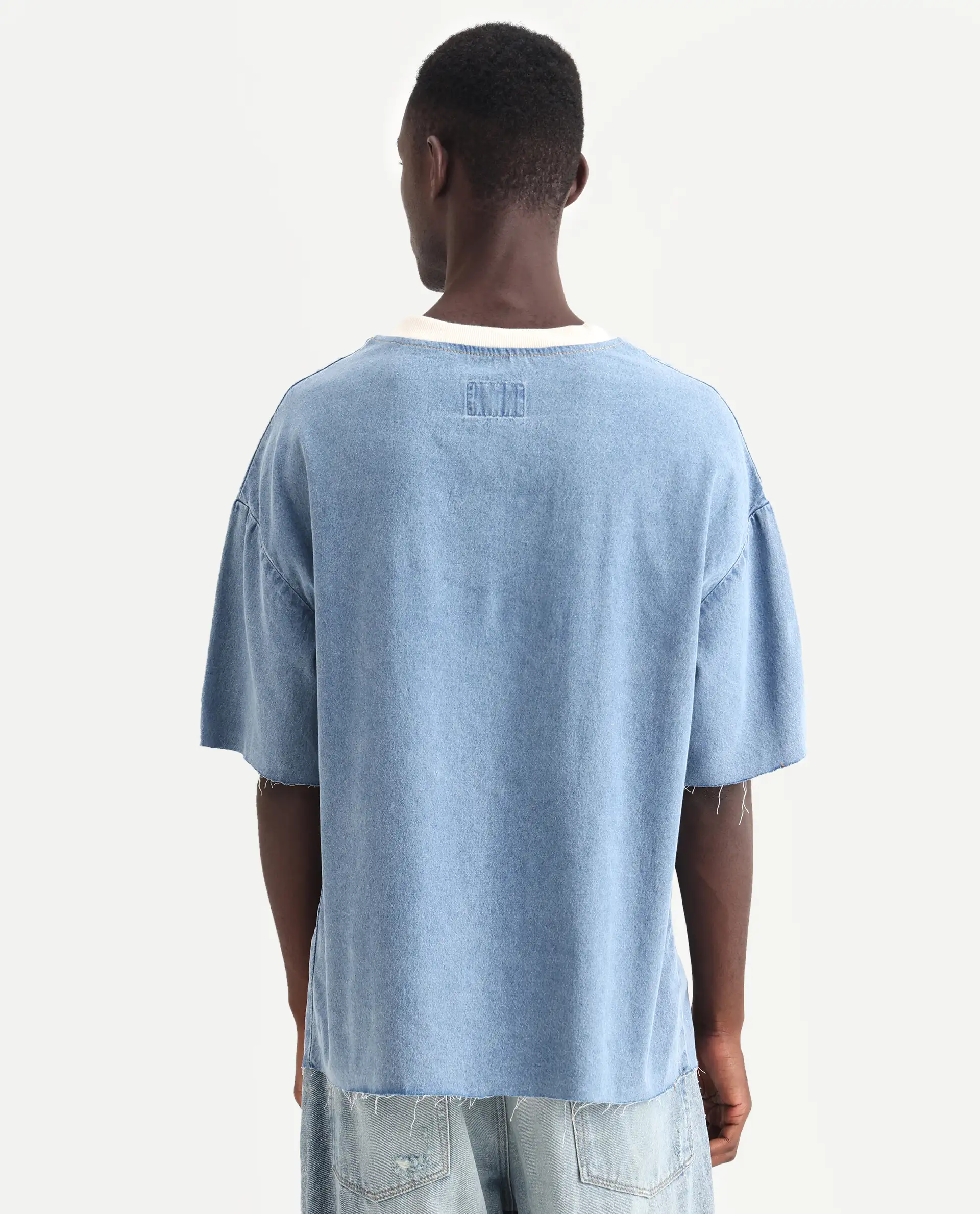 Rare Rabbit Men's Euler Light Blue Cotton Plain Oversized Fit Half Sleeve Crew Neck T-Shirt - Image 7