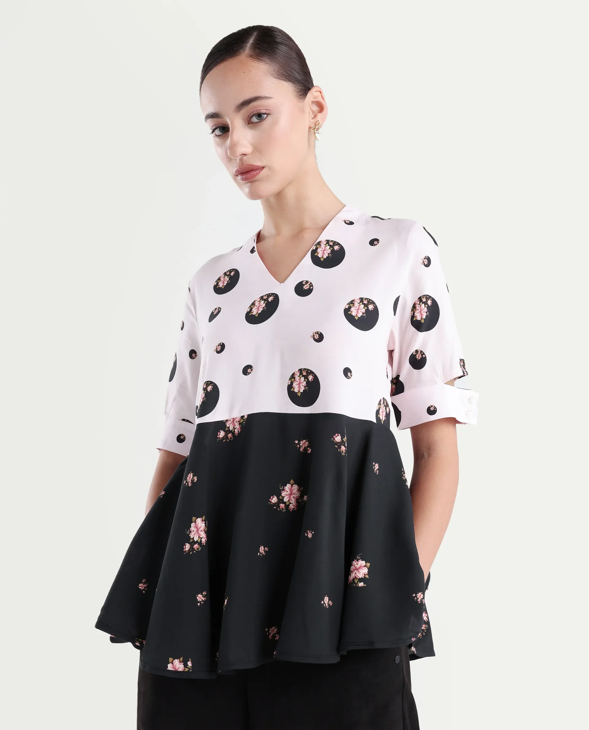 Rareism Women's Euphoria Light Pink Polyester V-Neck Polka Print Cuffed Sleeve Regular Fit Top