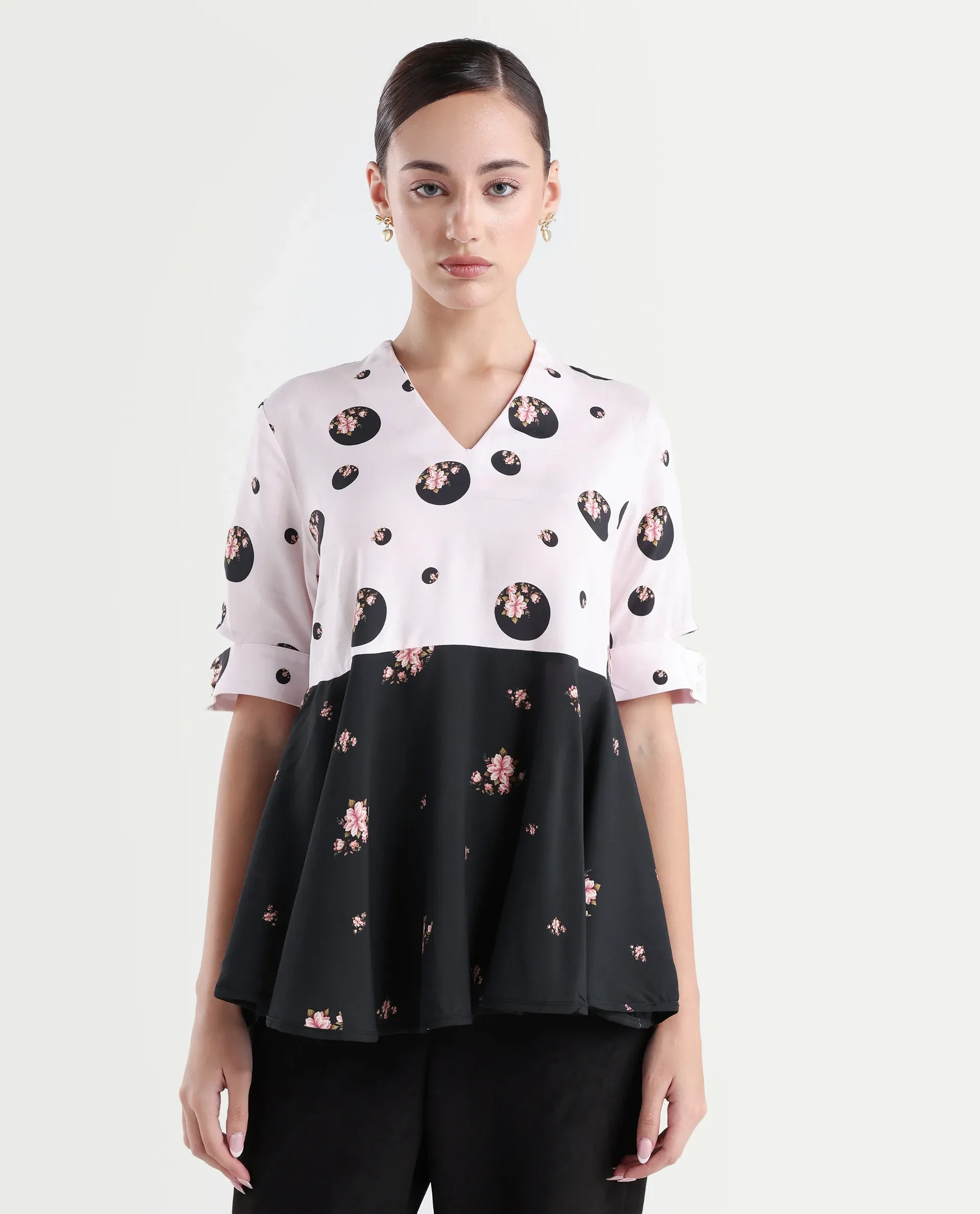 Rareism Women's Euphoria Light Pink Polyester V-Neck Polka Print Cuffed Sleeve Regular Fit Top - Image 3