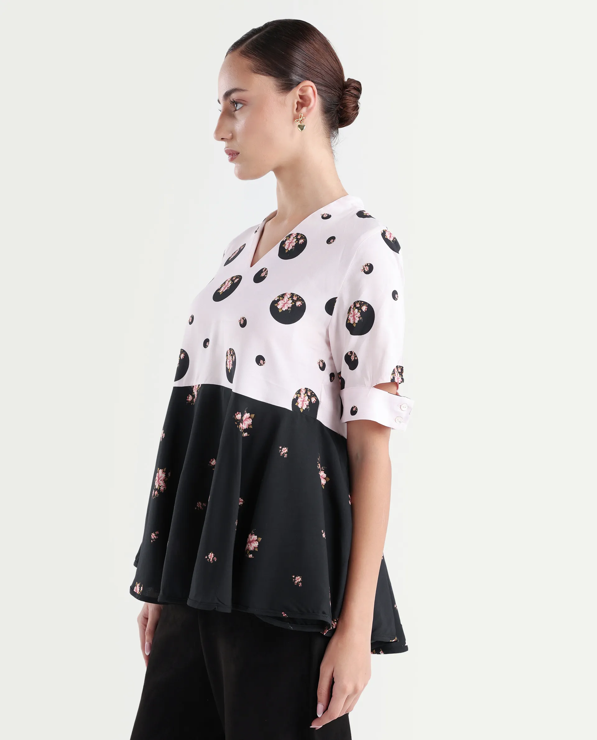 Rareism Women's Euphoria Light Pink Polyester V-Neck Polka Print Cuffed Sleeve Regular Fit Top - Image 5