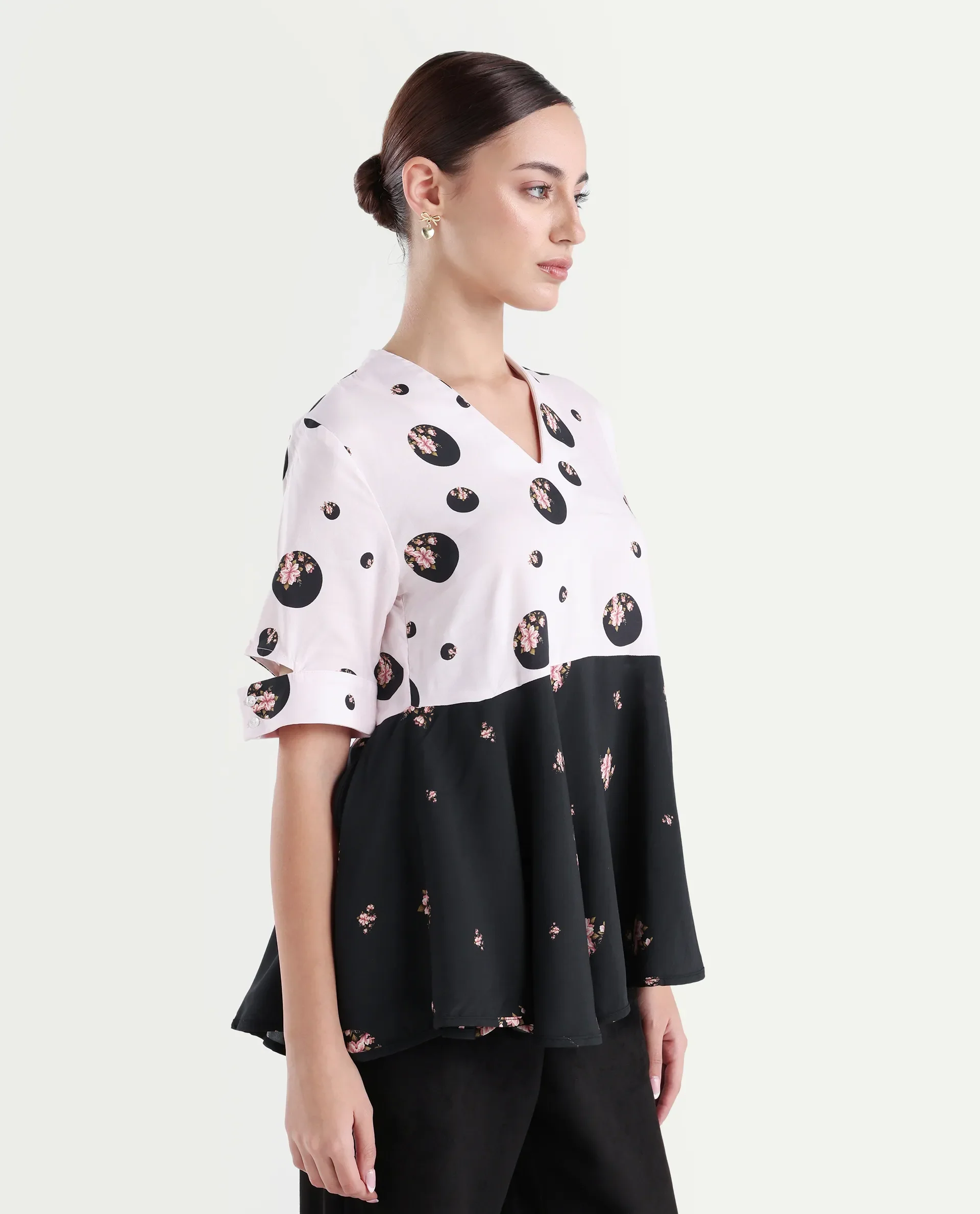 Rareism Women's Euphoria Light Pink Polyester V-Neck Polka Print Cuffed Sleeve Regular Fit Top - Image 6