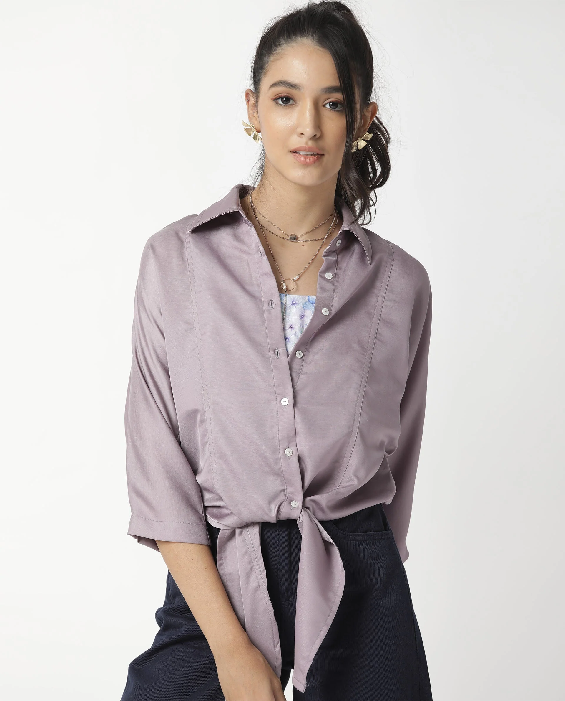 Rareism Women's Euro Purple Polyester Spread Collar Plain Tailored Top - Image 2