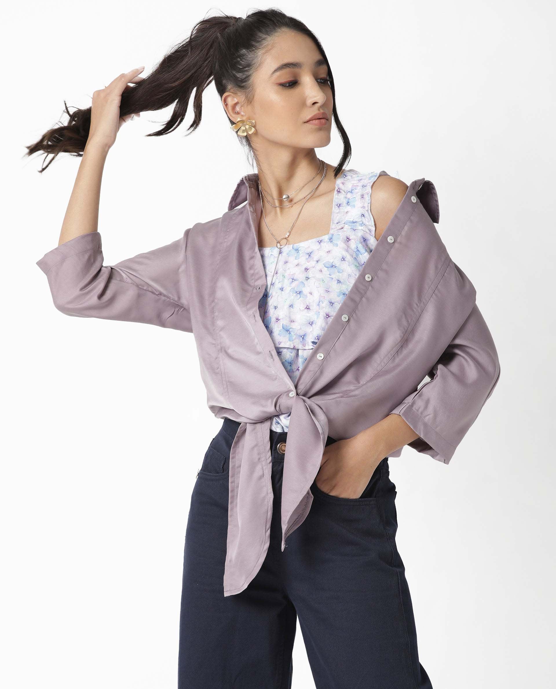 Rareism Women's Euro Purple Polyester Spread Collar Plain Tailored Top - Image 3