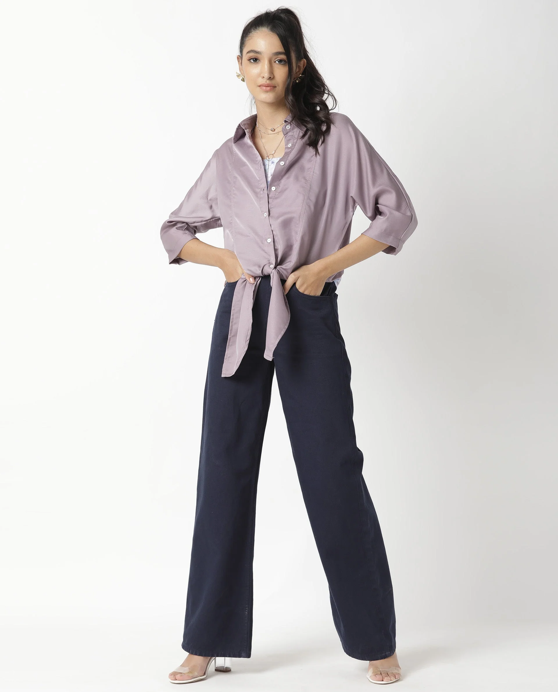 Rareism Women's Euro Purple Polyester Spread Collar Plain Tailored Top - Image 4