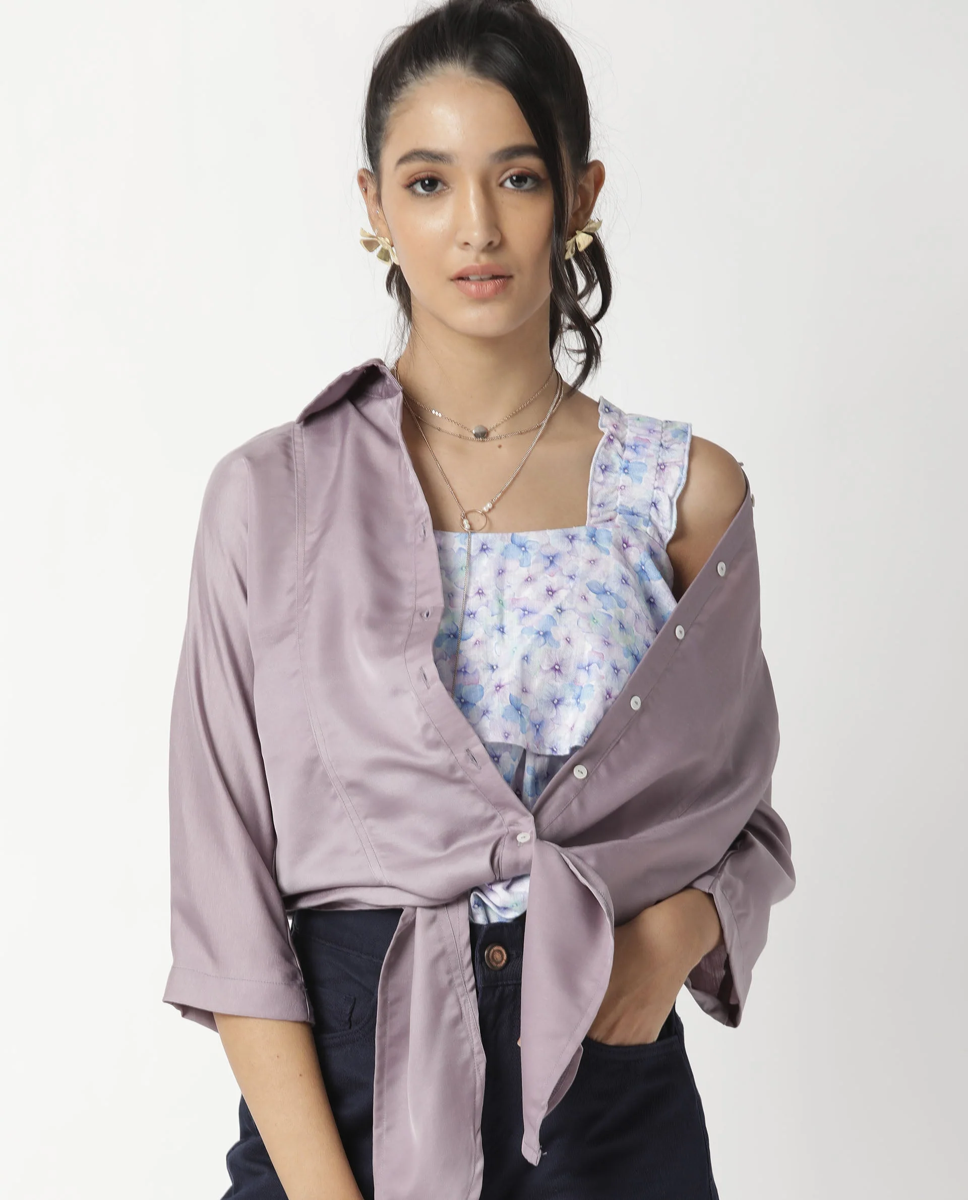 Rareism Women's Euro Purple Polyester Spread Collar Plain Tailored Top - Image 7