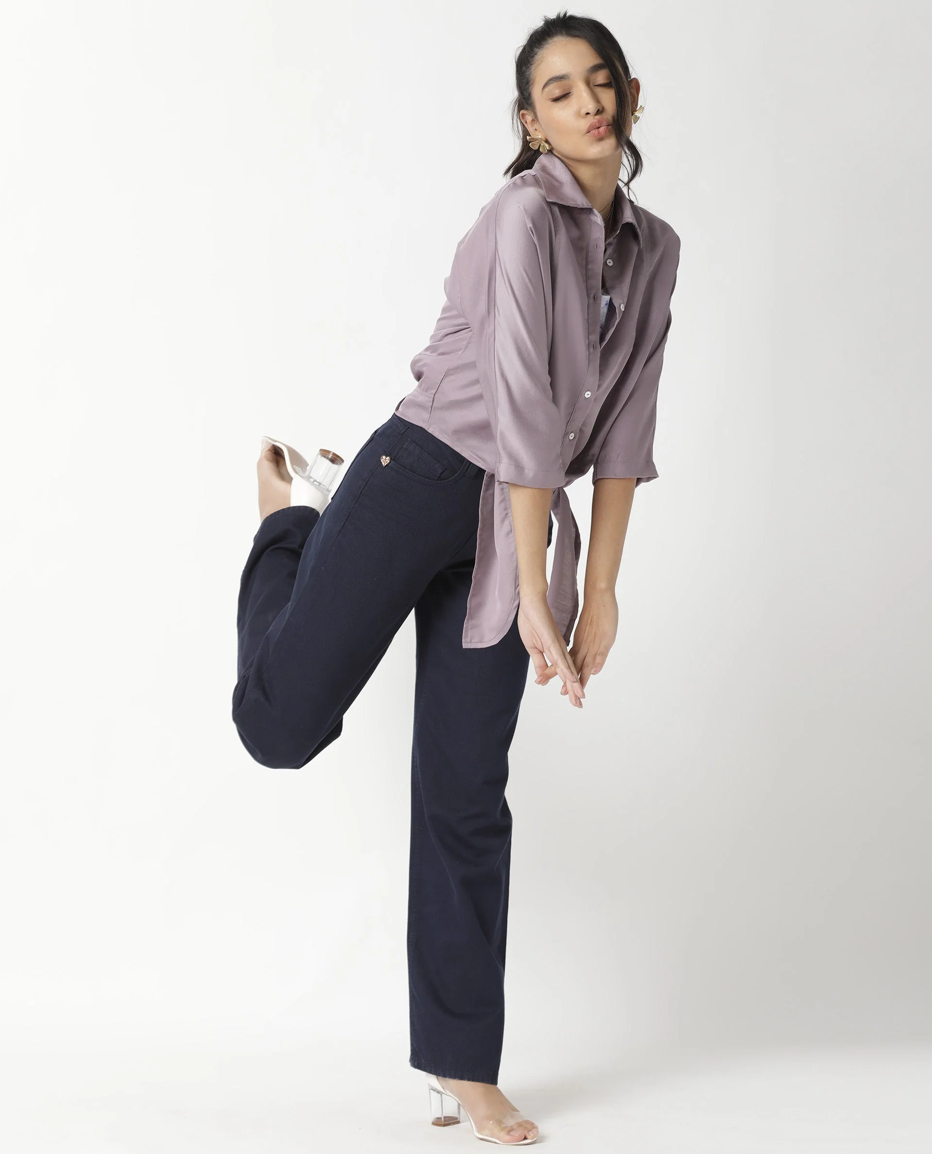 Rareism Women's Euro Purple Polyester Spread Collar Plain Tailored Top - Image 8