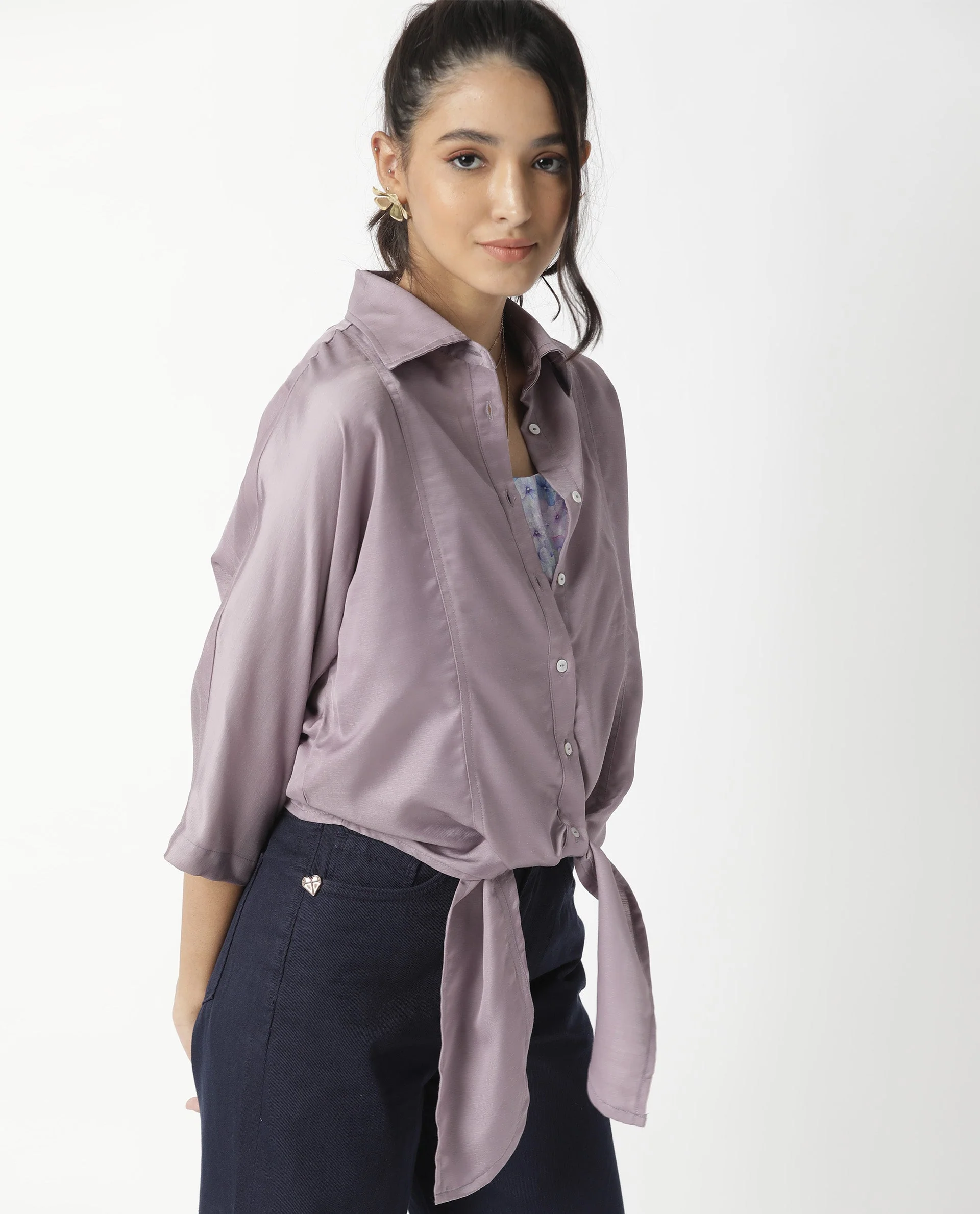 Rareism Women's Euro Purple Polyester Spread Collar Plain Tailored Top - Image 9