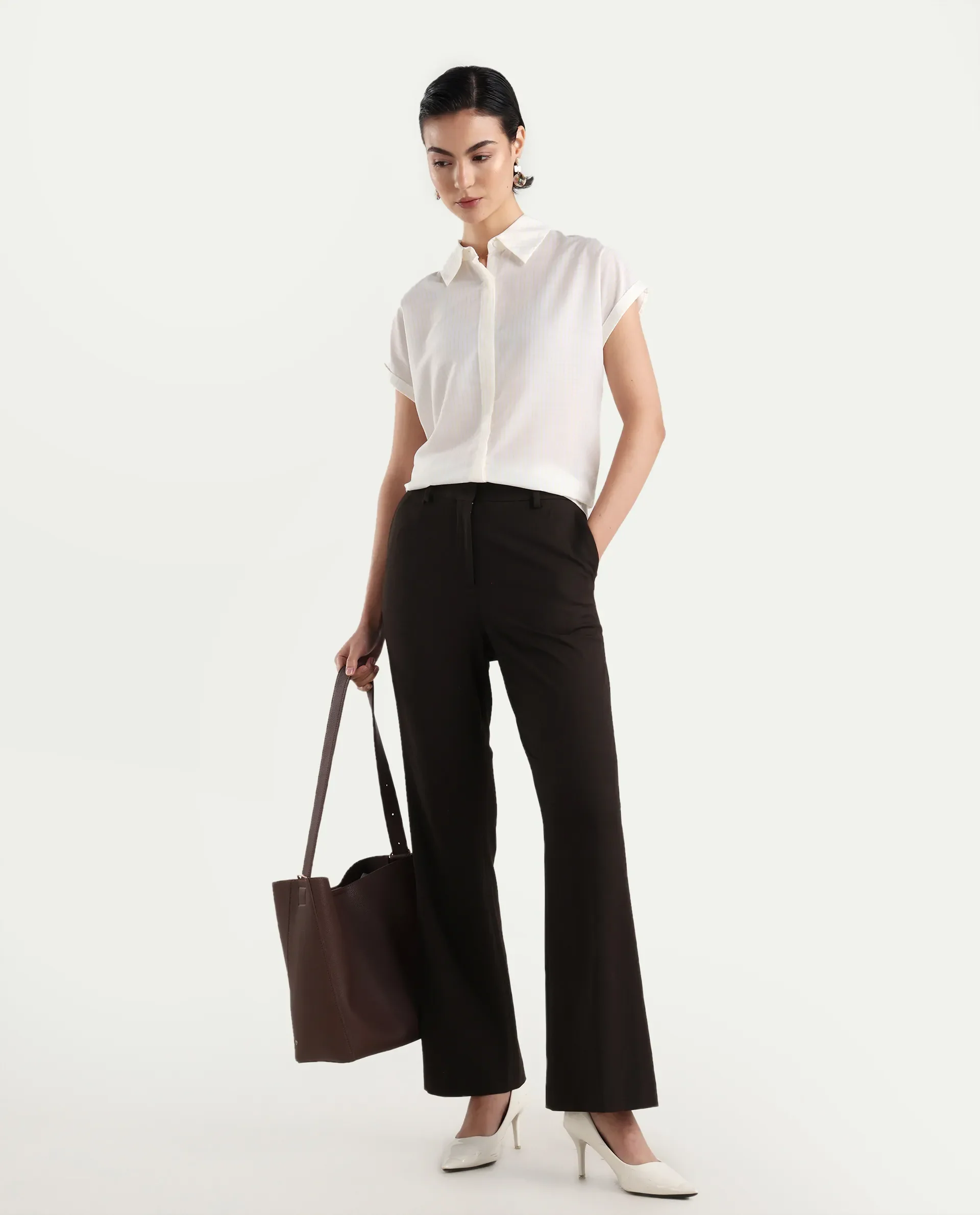Rareism Women's Europa Light White Drop Collar Striped Extended Sleeves Regular Fit Top - Image 2