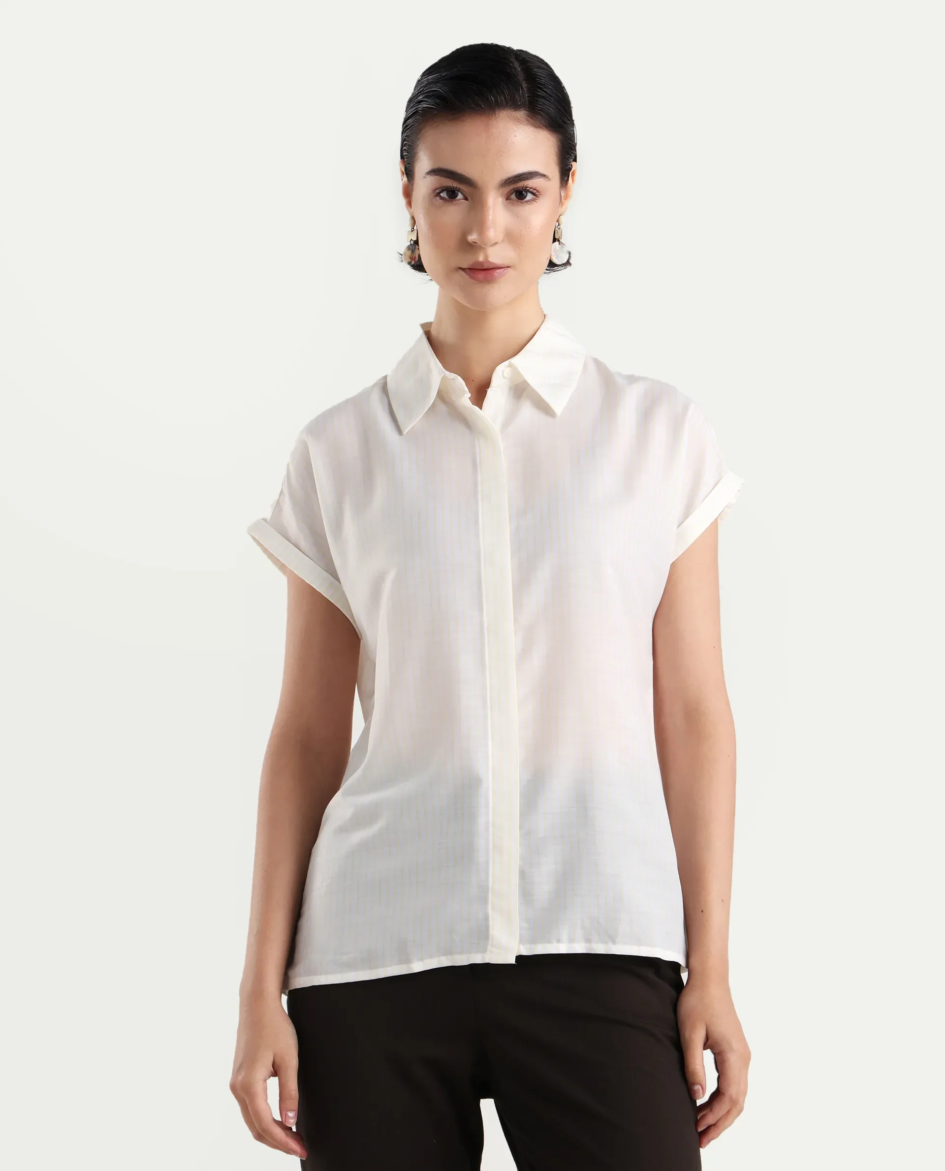 Rareism Women's Europa Light White Drop Collar Striped Extended Sleeves Regular Fit Top - Image 3
