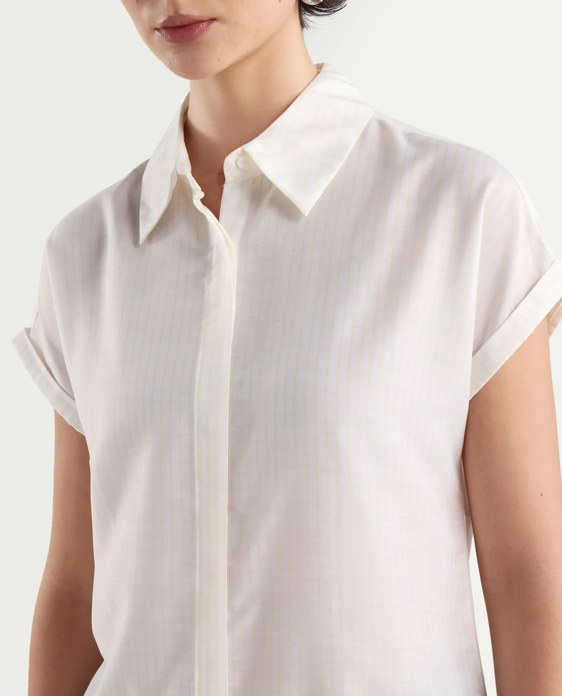 Rareism Women's Europa Light White Drop Collar Striped Extended Sleeves Regular Fit Top - Image 4