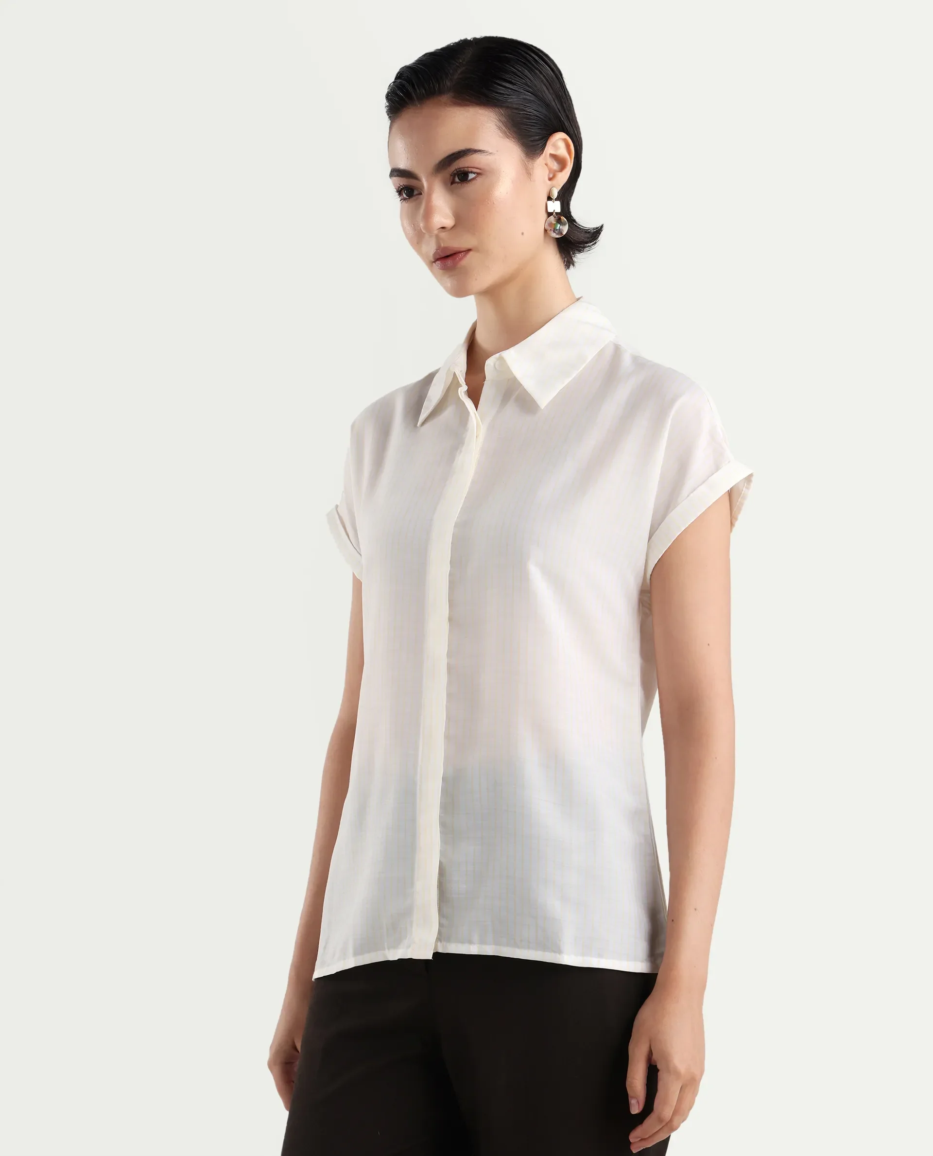 Rareism Women's Europa Light White Drop Collar Striped Extended Sleeves Regular Fit Top - Image 5