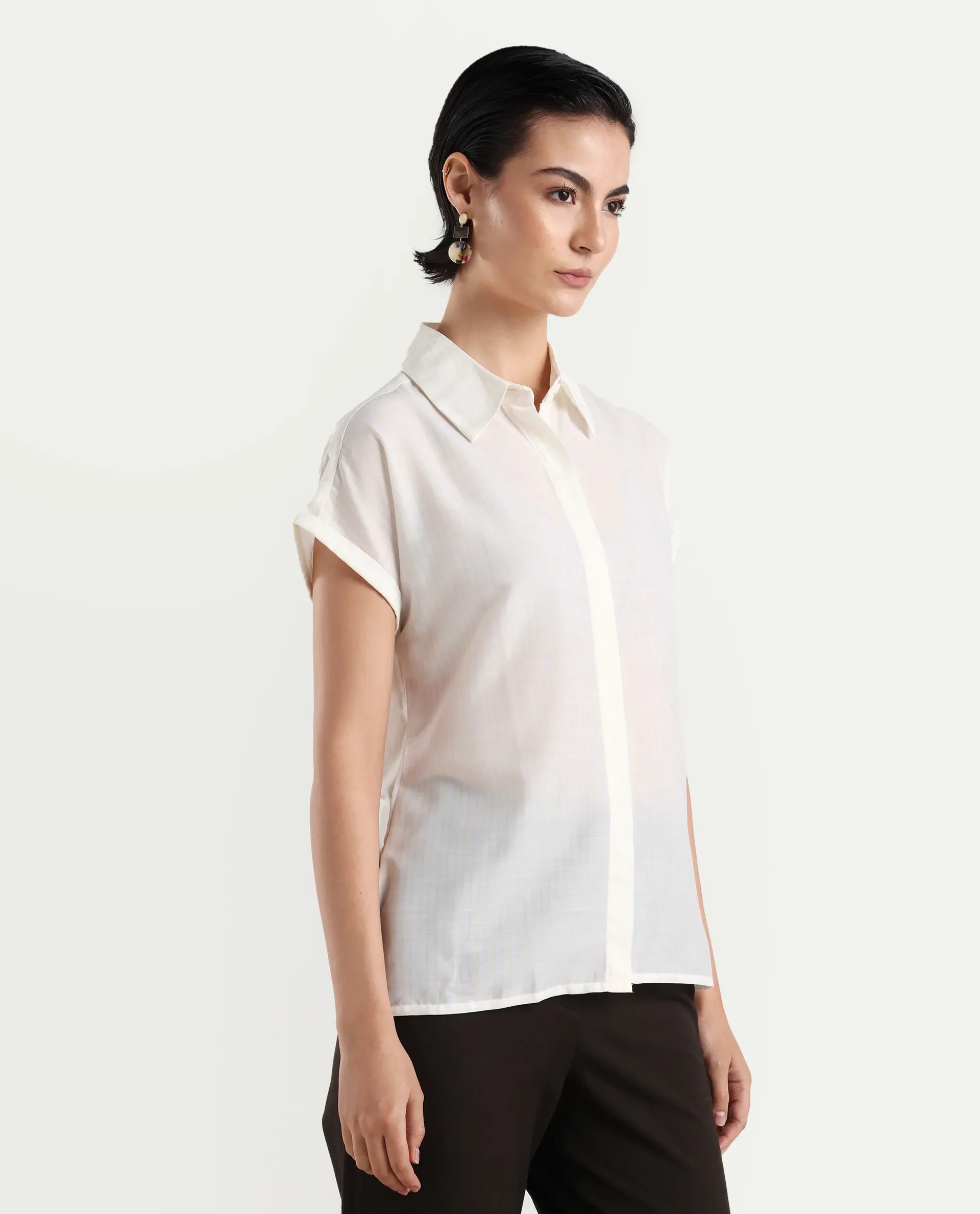 Rareism Women's Europa Light White Drop Collar Striped Extended Sleeves Regular Fit Top - Image 6