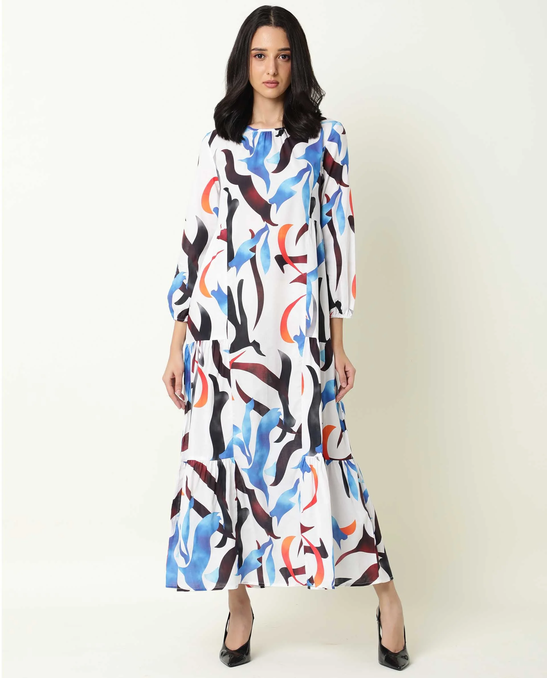 Rareism Women's Europe White Boat Neck Abstract Print Maxi Regular Fit Dress - Image 10