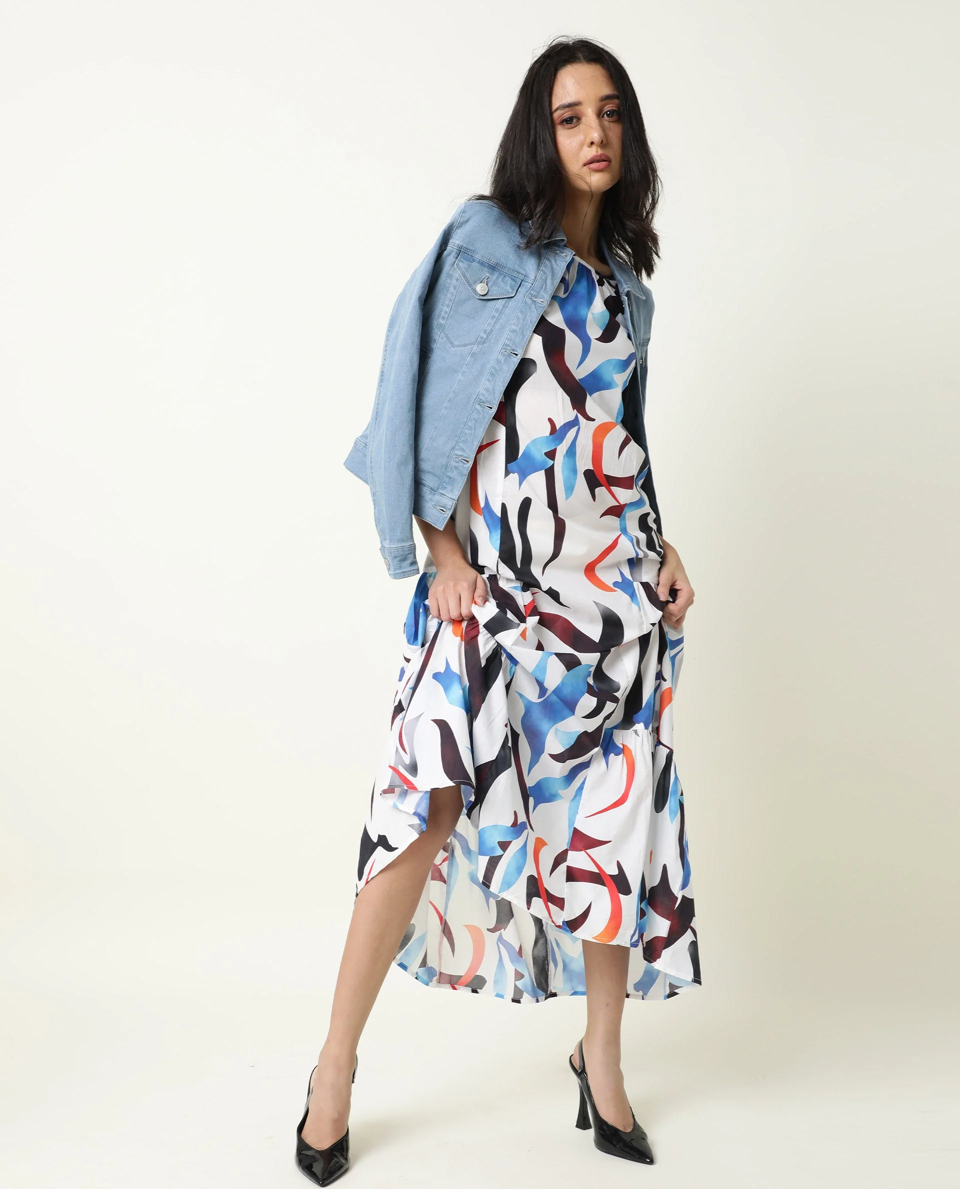 Rareism Women's Europe White Boat Neck Abstract Print Maxi Regular Fit Dress - Image 2