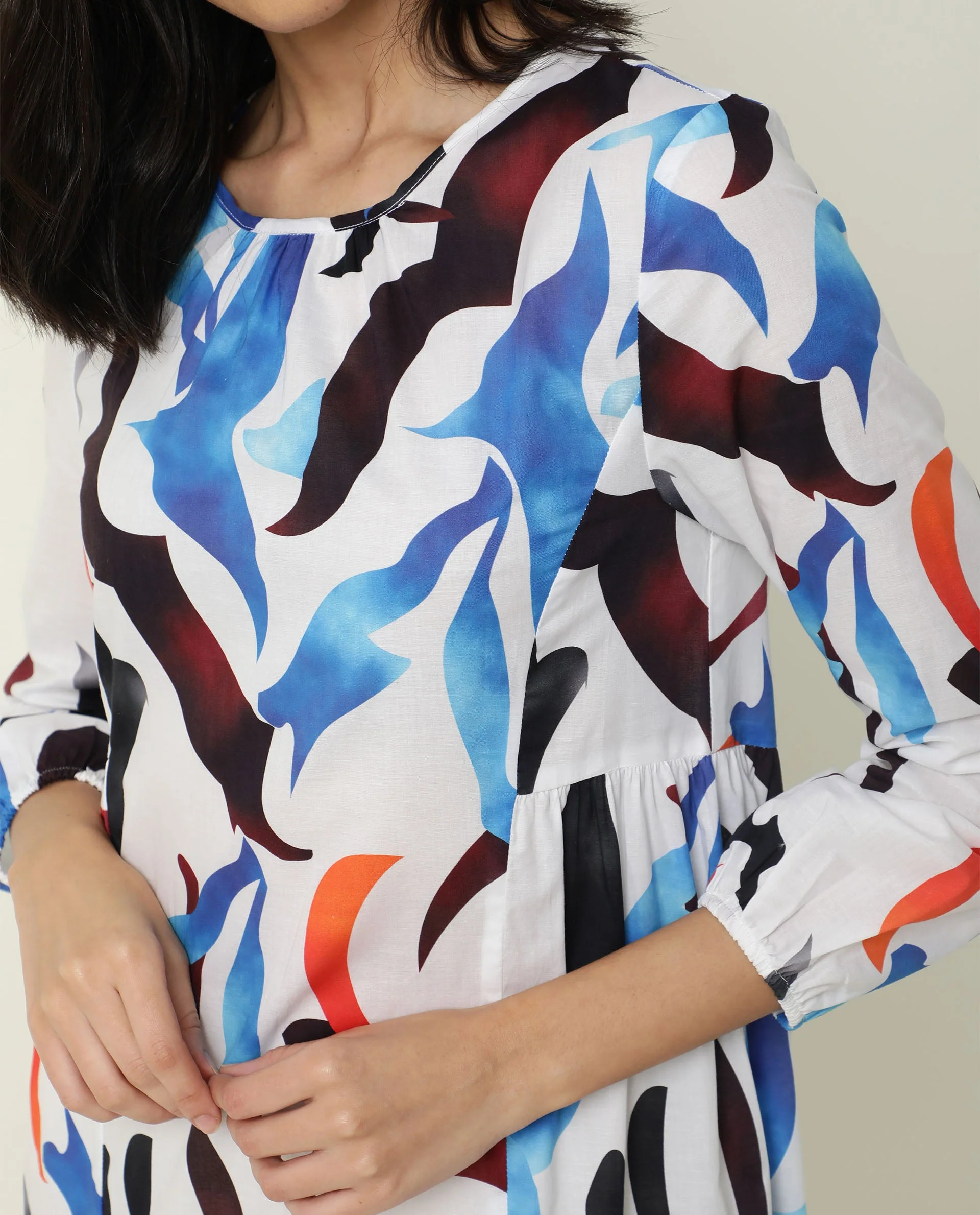 Rareism Women's Europe White Boat Neck Abstract Print Maxi Regular Fit Dress - Image 3