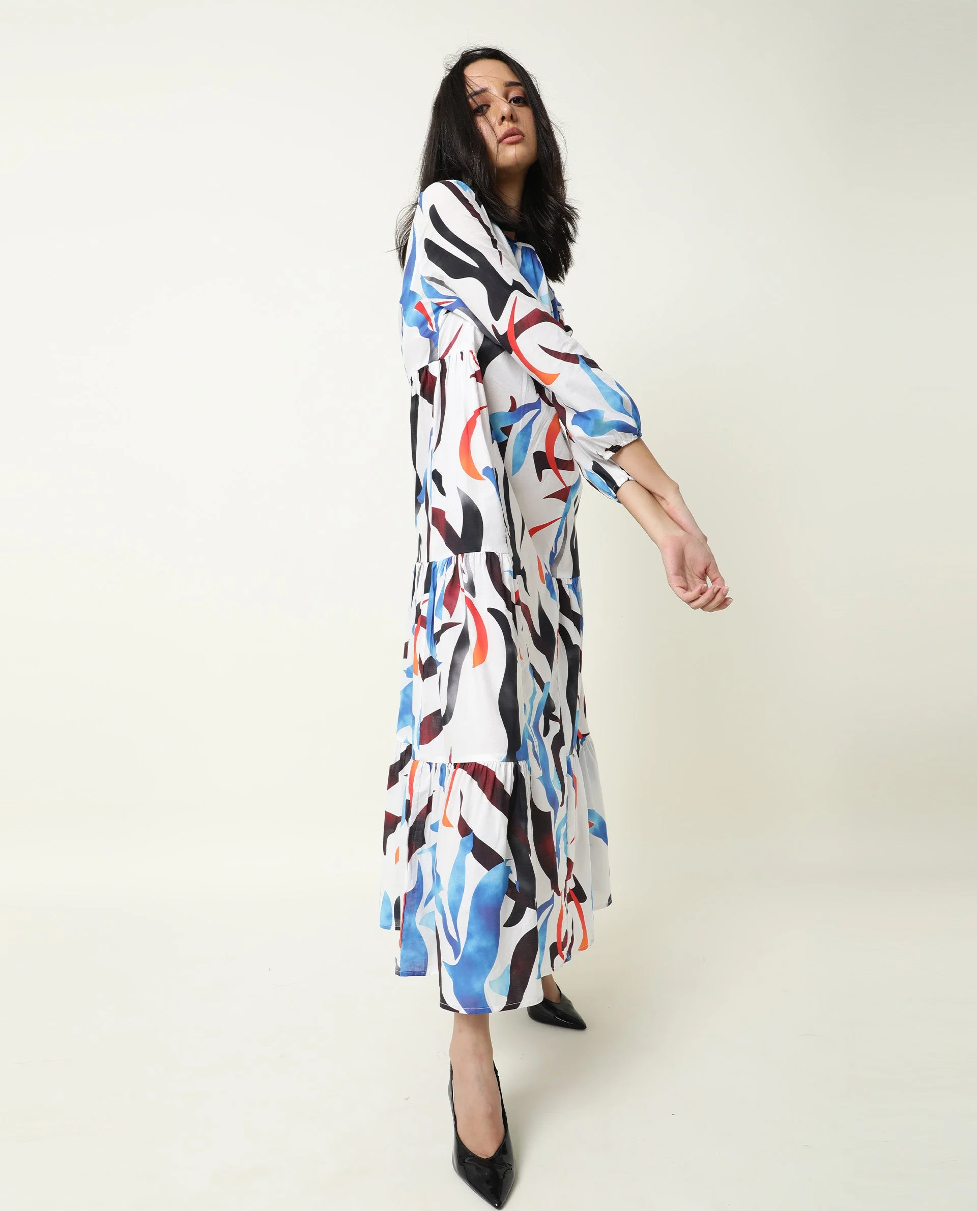 Rareism Women's Europe White Boat Neck Abstract Print Maxi Regular Fit Dress - Image 4