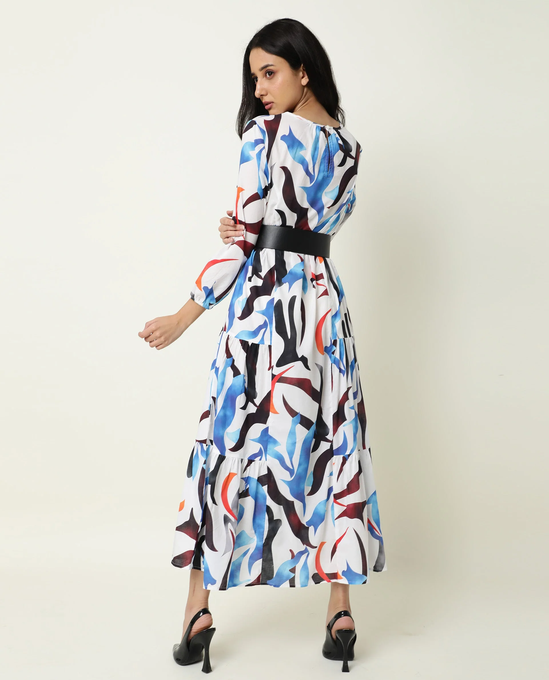 Rareism Women's Europe White Boat Neck Abstract Print Maxi Regular Fit Dress - Image 5