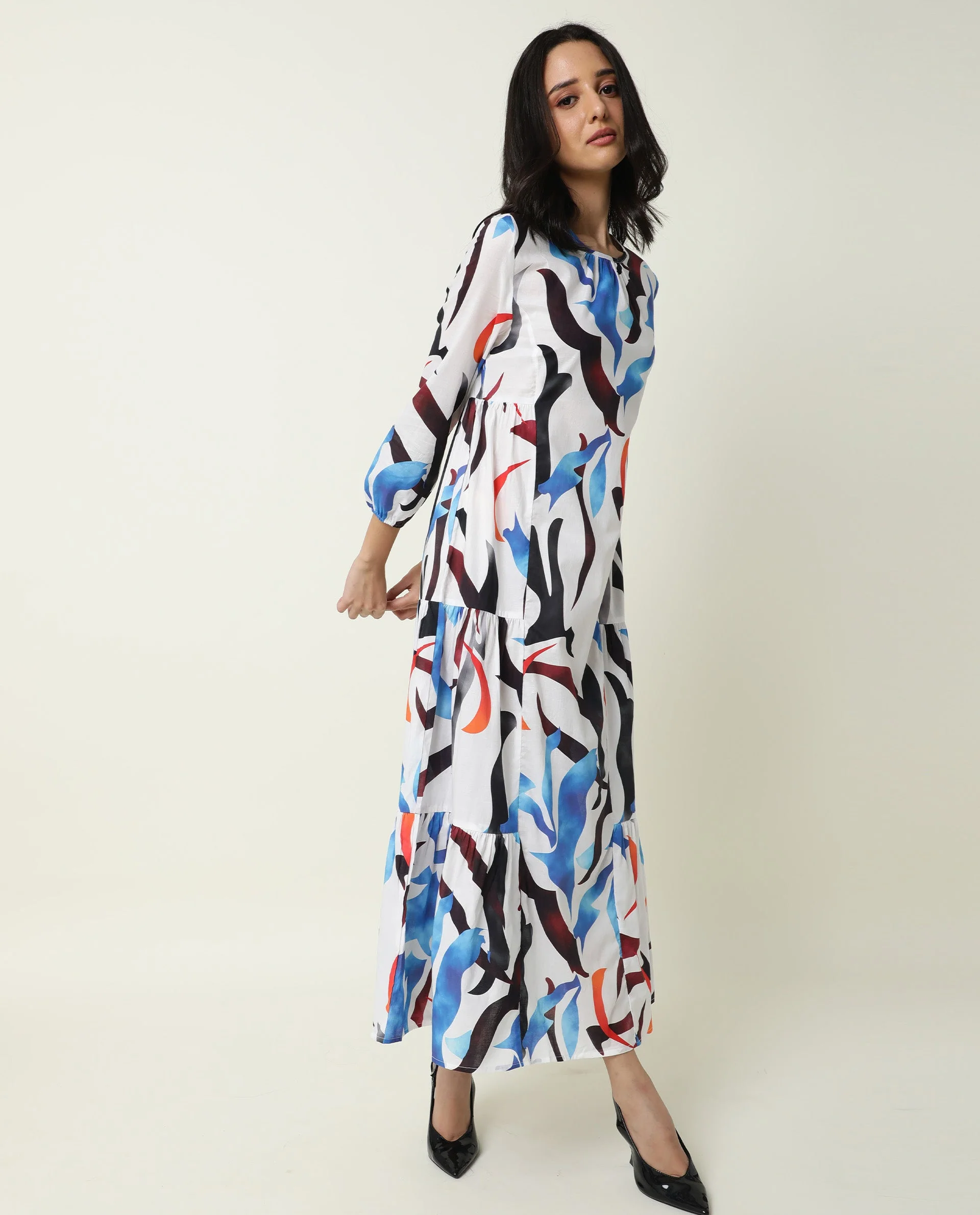 Rareism Women's Europe White Boat Neck Abstract Print Maxi Regular Fit Dress - Image 6