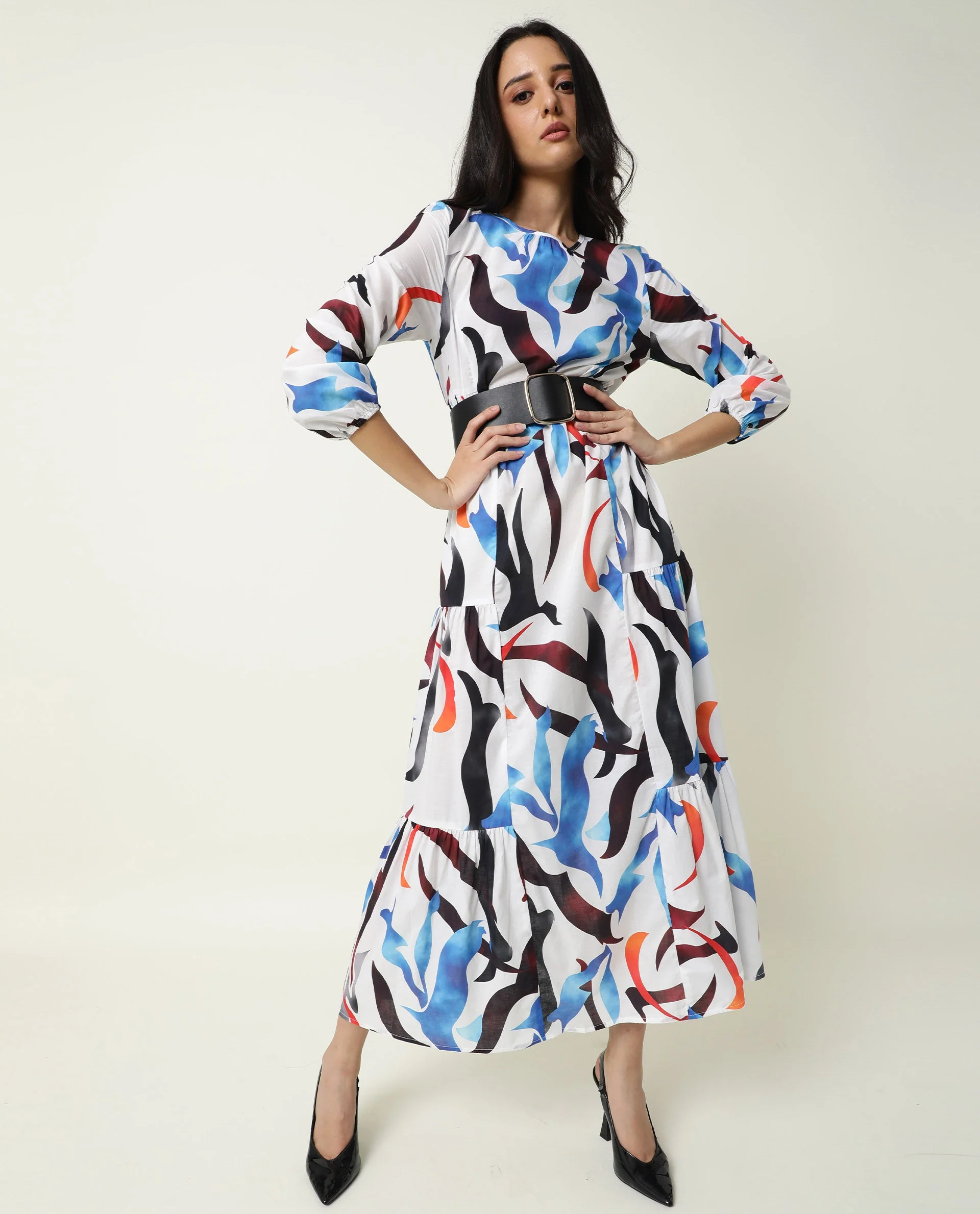 Rareism Women's Europe White Boat Neck Abstract Print Maxi Regular Fit Dress - Image 7