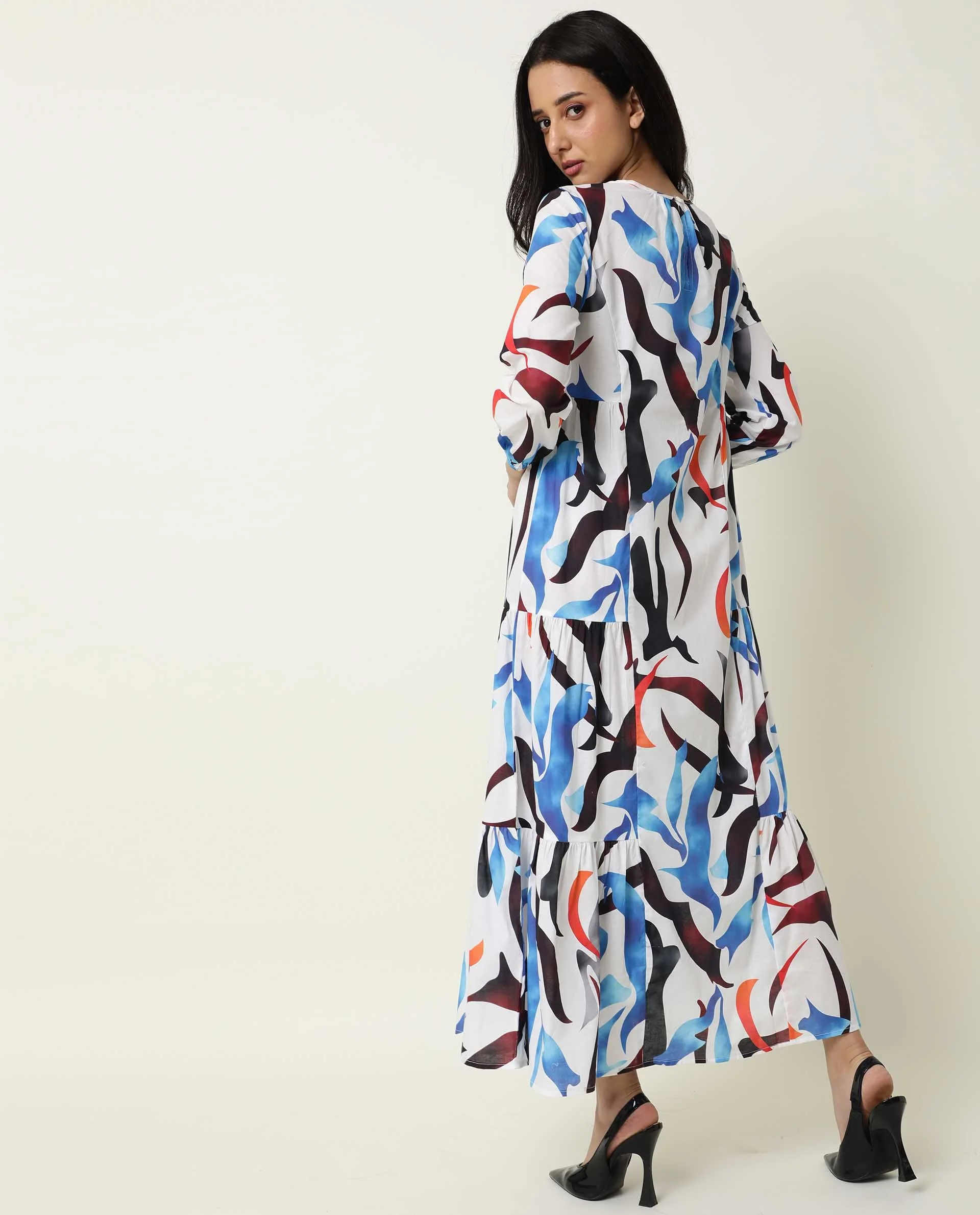 Rareism Women's Europe White Boat Neck Abstract Print Maxi Regular Fit Dress - Image 8