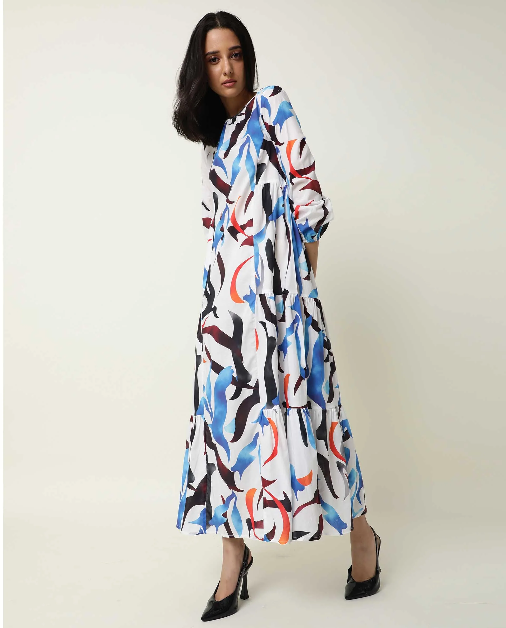 Rareism Women's Europe White Boat Neck Abstract Print Maxi Regular Fit Dress - Image 9