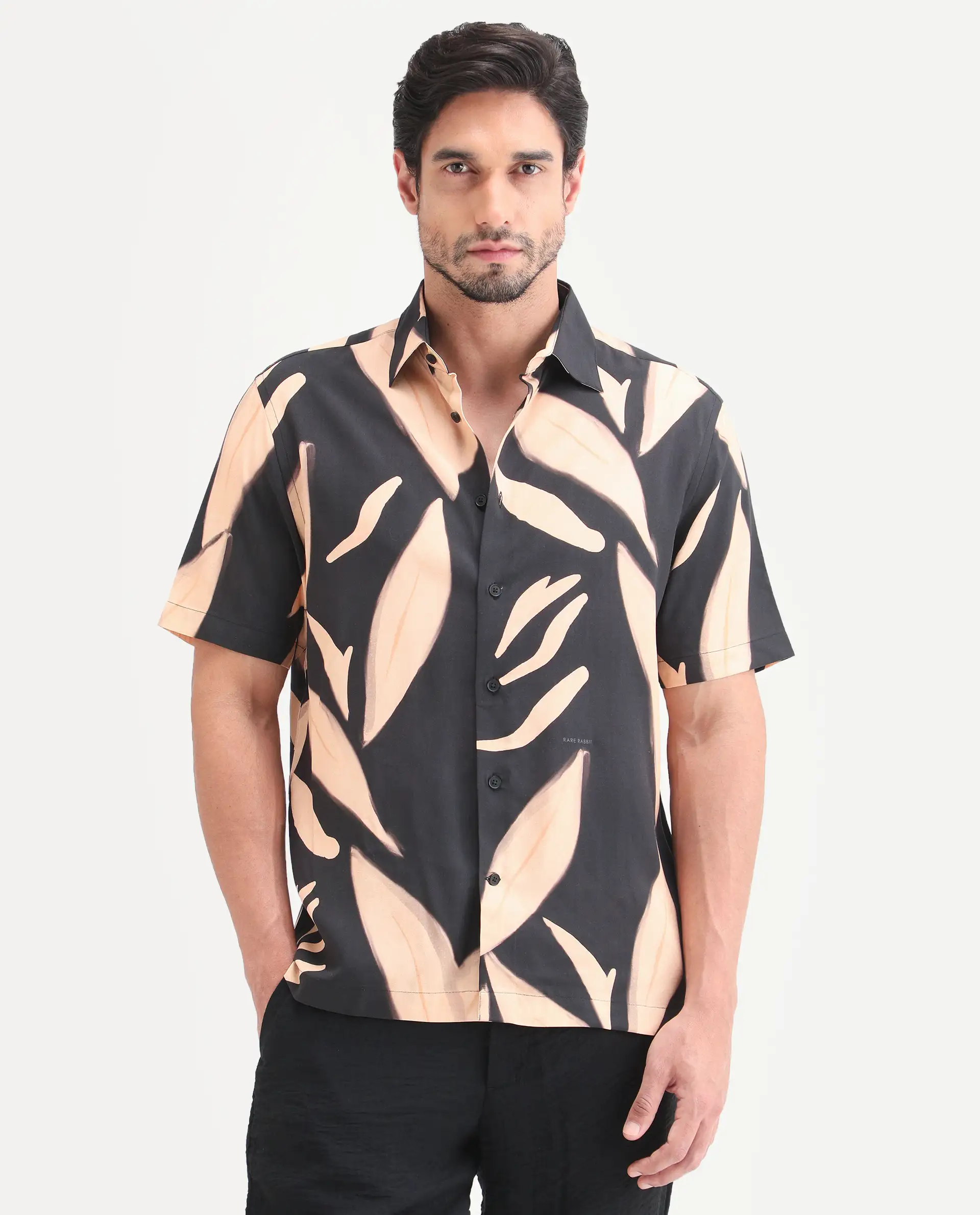 Rare Rabbit Men's Evan Black Viscose Fabric Half Sleeve Regular Fit Abstract Print Shirt - Image 4
