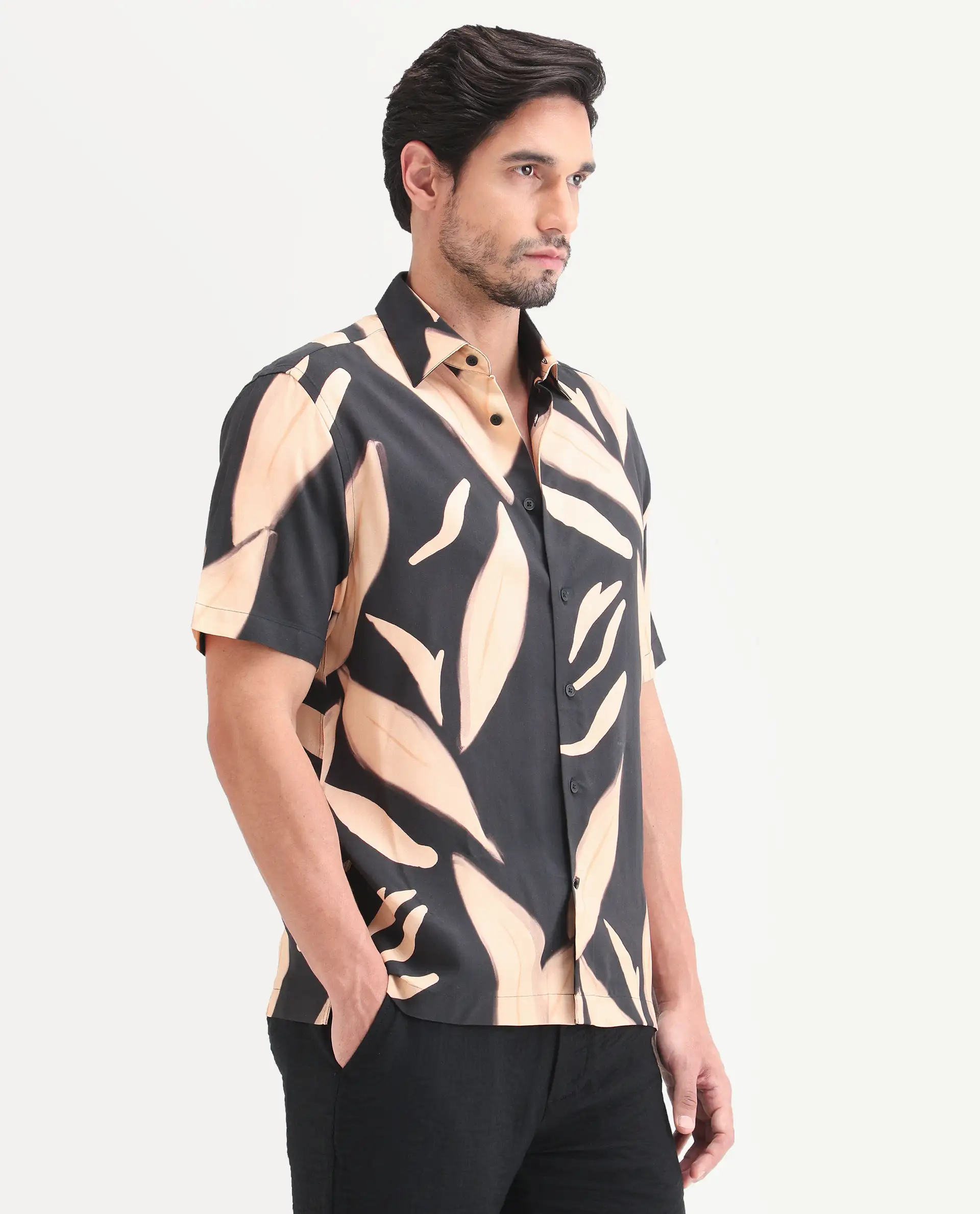 Rare Rabbit Men's Evan Black Viscose Fabric Half Sleeve Regular Fit Abstract Print Shirt - Image 5
