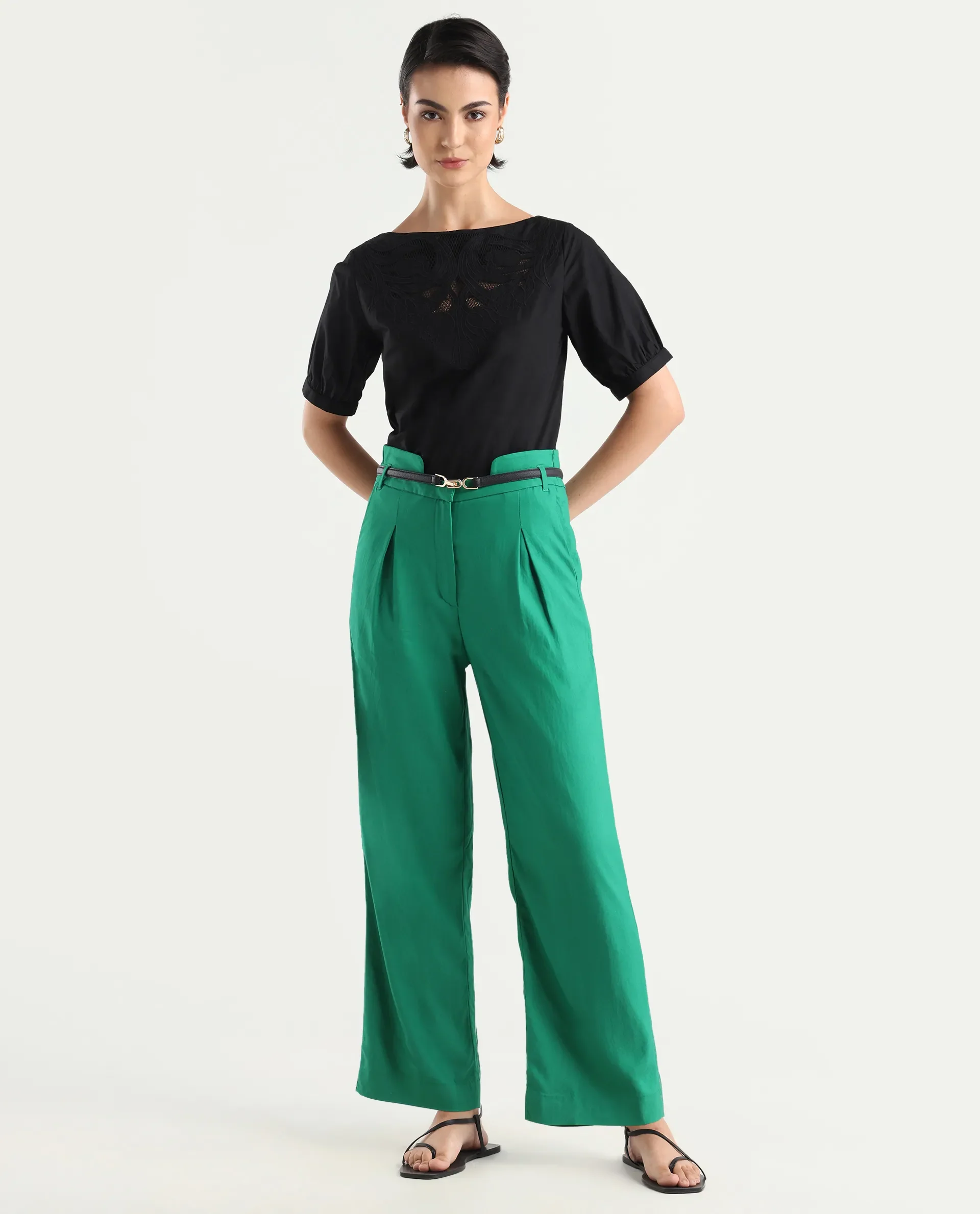 Rareism Women's Evanova Green Viscose Plain Ankle Length Regular Fit Trouser - Image 2