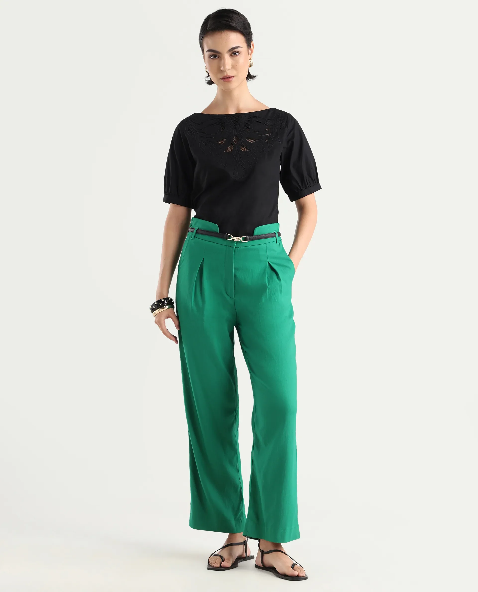 Rareism Women's Evanova Green Viscose Plain Ankle Length Regular Fit Trouser - Image 4