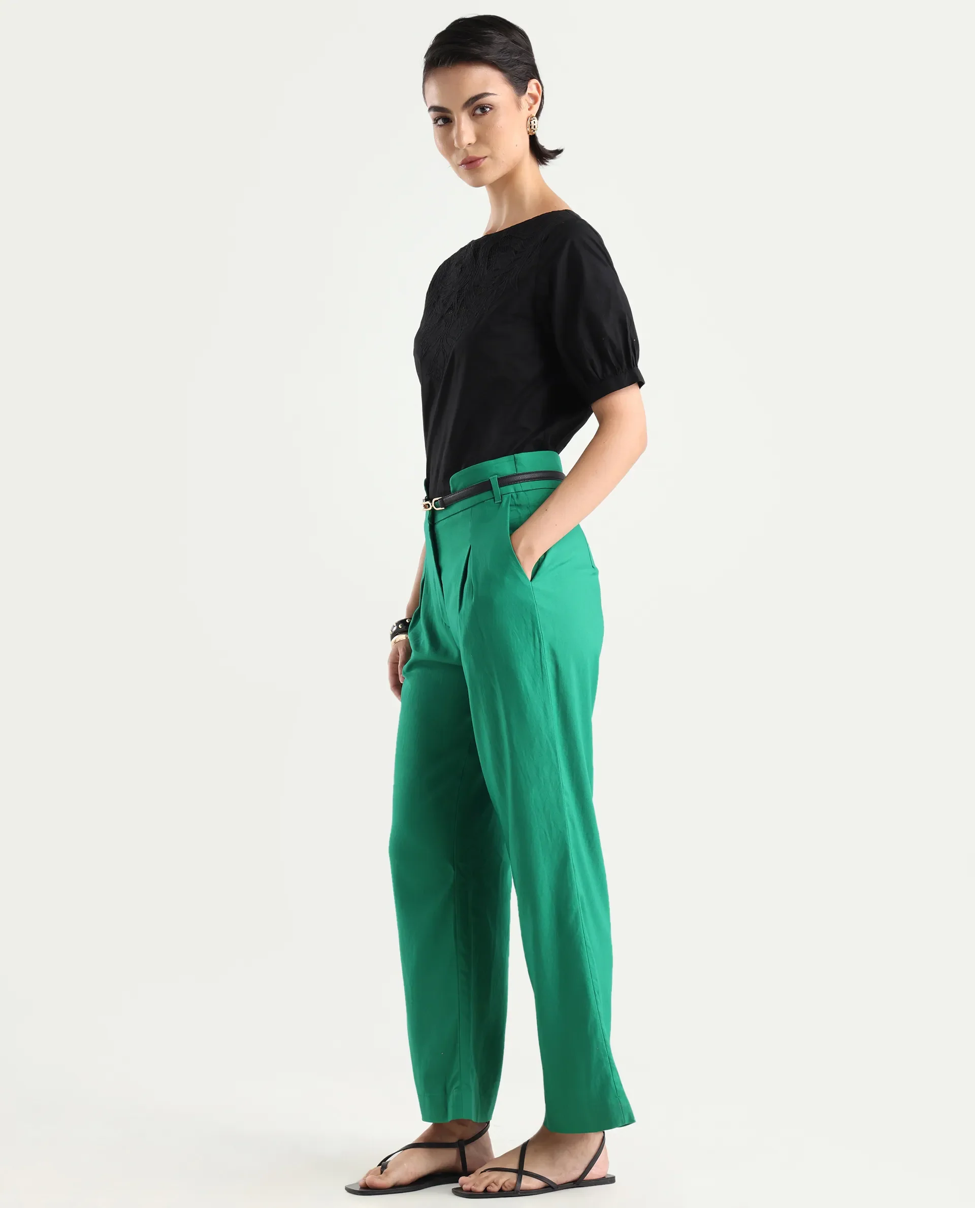 Rareism Women's Evanova Green Viscose Plain Ankle Length Regular Fit Trouser - Image 5