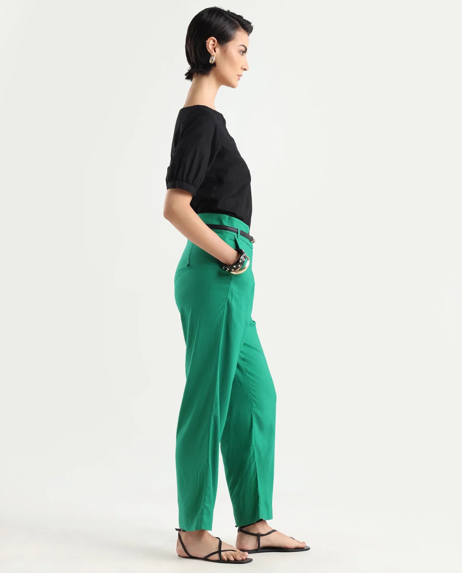 Rareism Women's Evanova Green Viscose Plain Ankle Length Regular Fit Trouser - Image 6