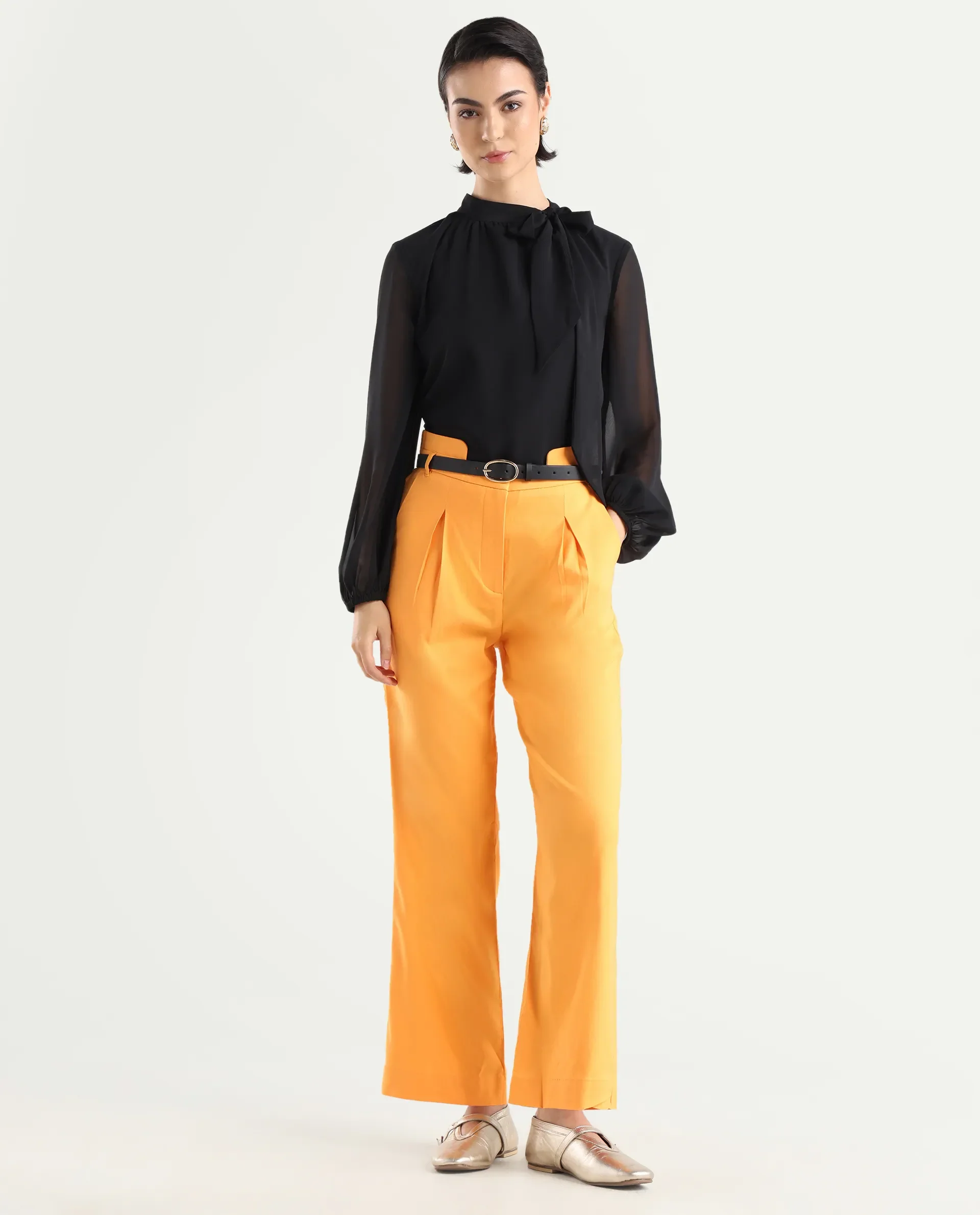 Rareism Women's Evanova Mustard Viscose Plain Ankle Length Regular Fit Trouser - Image 3