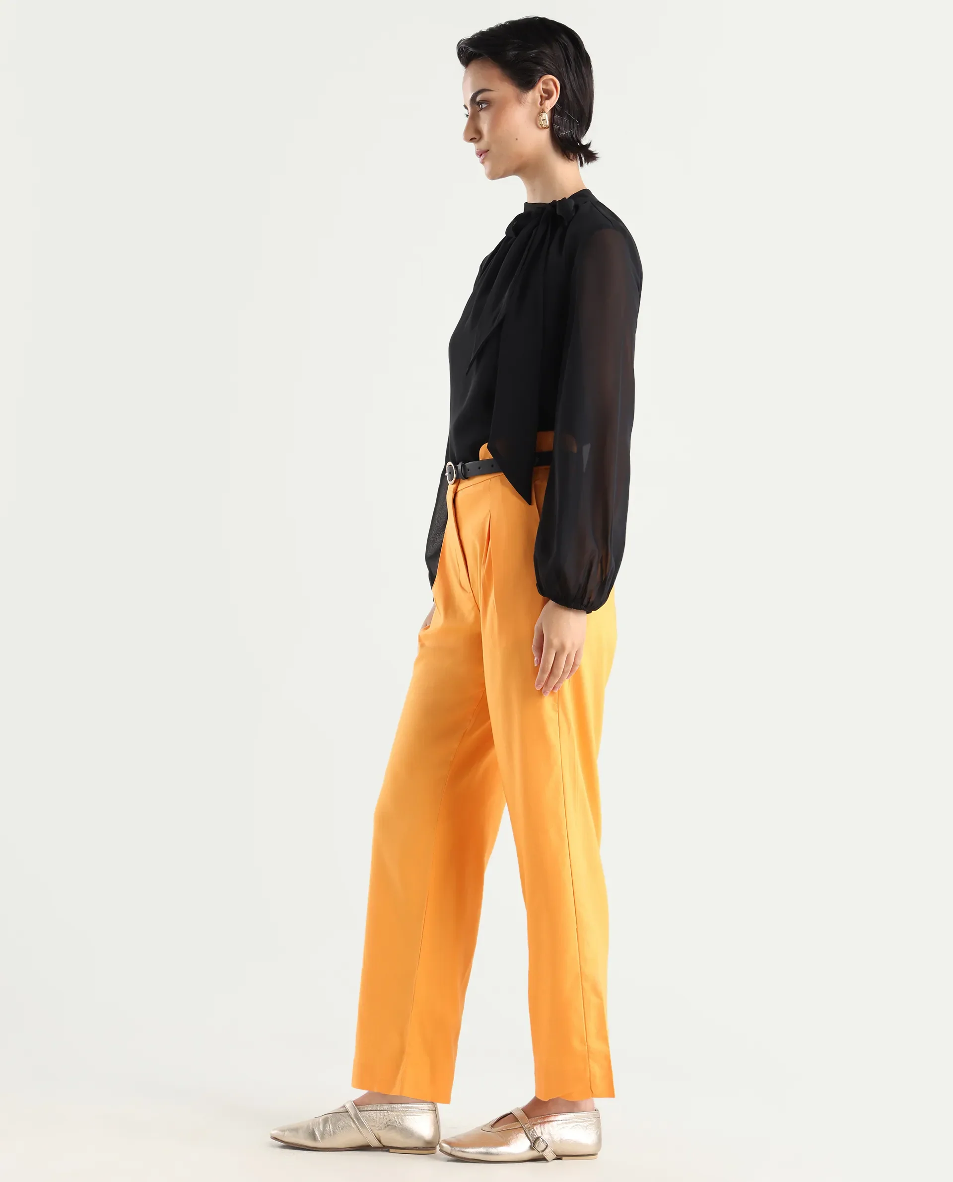Rareism Women's Evanova Mustard Viscose Plain Ankle Length Regular Fit Trouser - Image 6