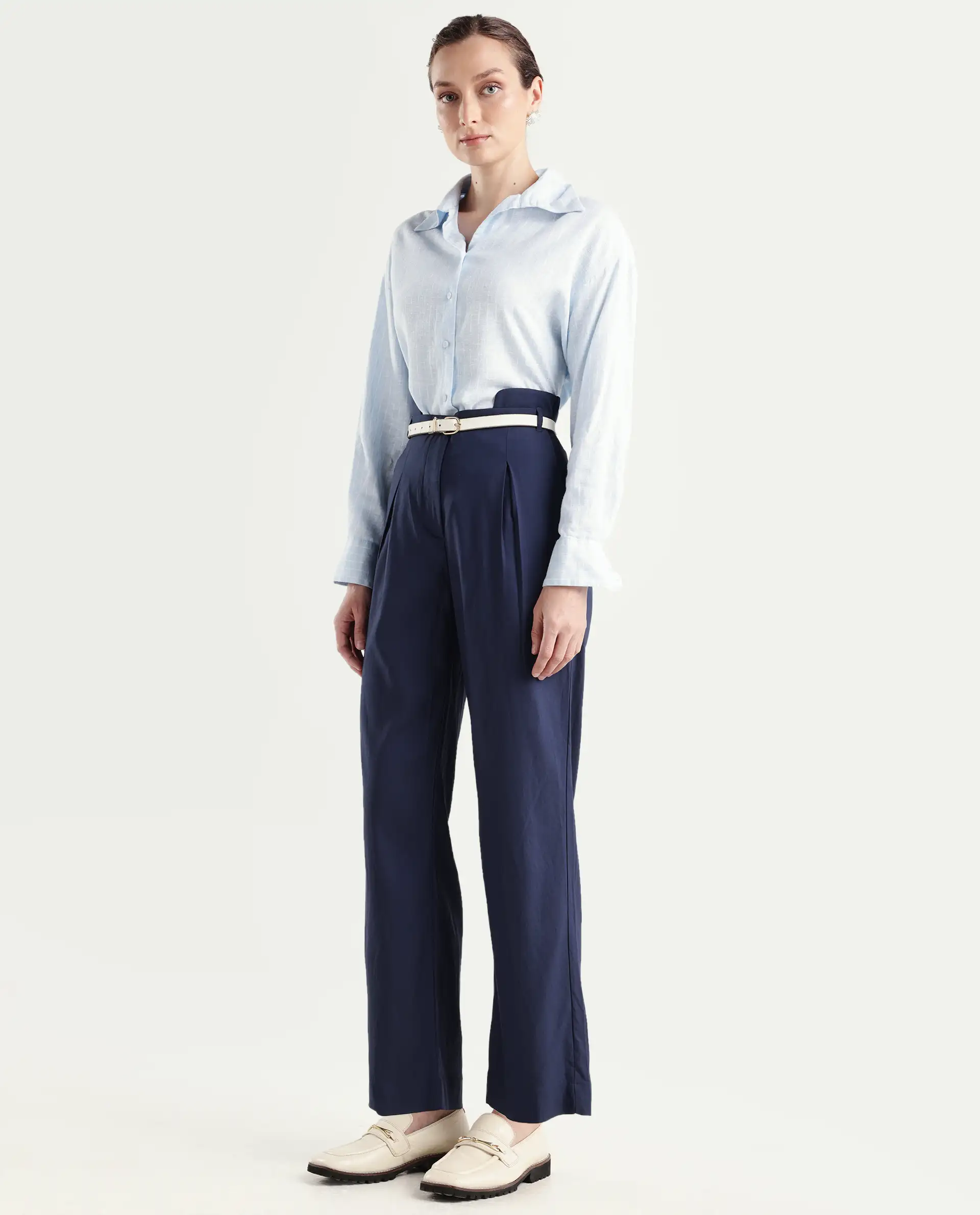 Rareism Women's Evanova Navy Viscose Plain Ankle Length Regular Fit Trouser - Image 5