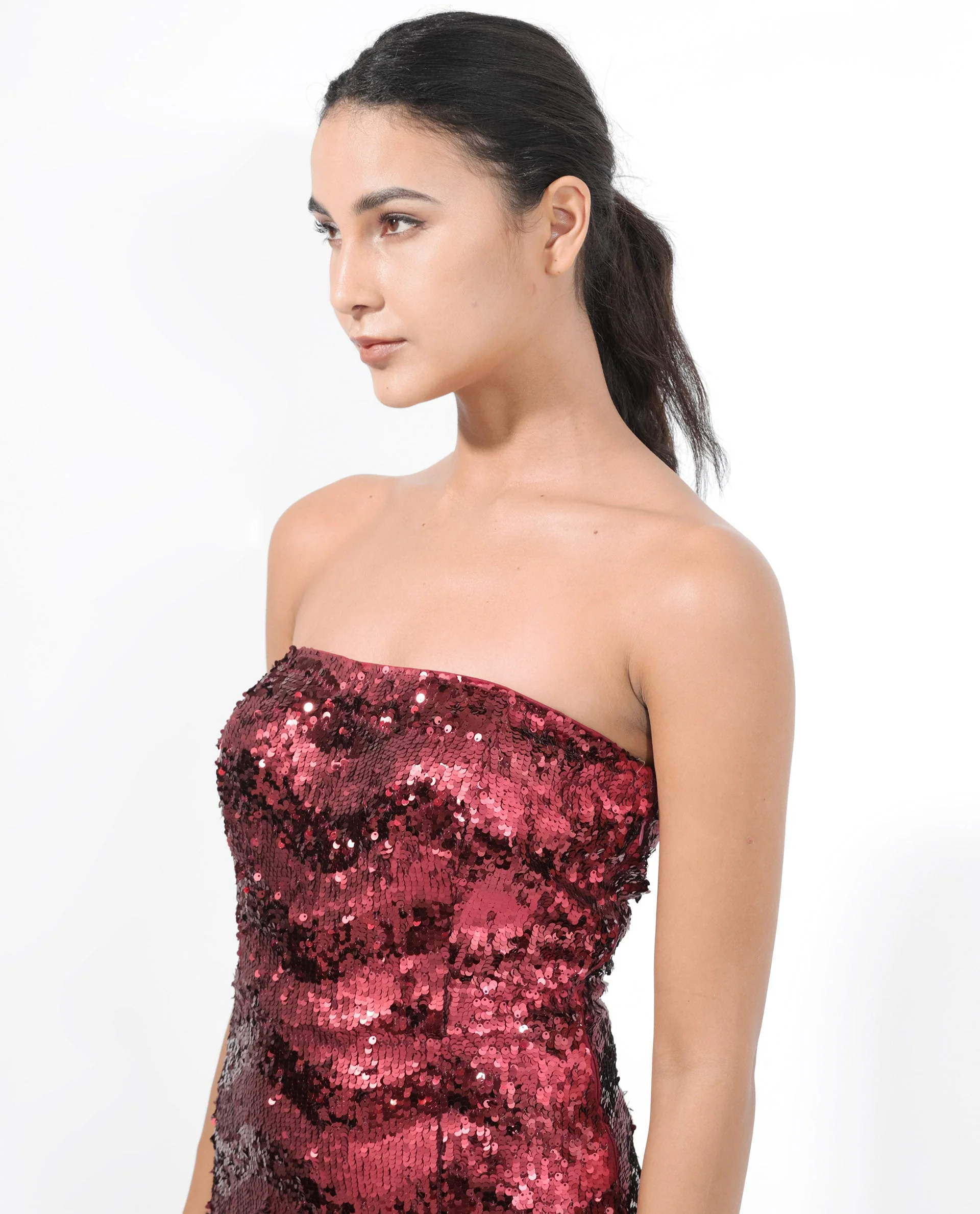 Rareism Women's Eve Sheen Red Polyester Tube Neck Sequined Sleeveless Midi Regular Fit Dress - Image 5