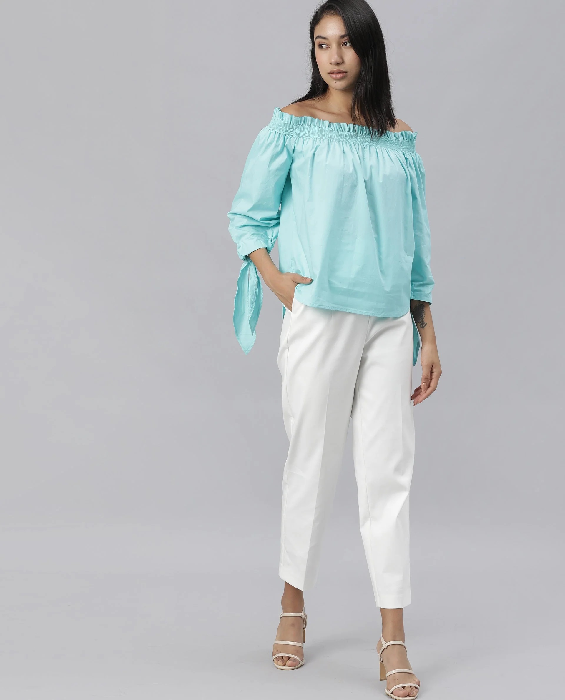 Rareism Womens Evenin Green Top Cotton Fabric Loose Fit Cold Shoulder Sleeve - Image 3
