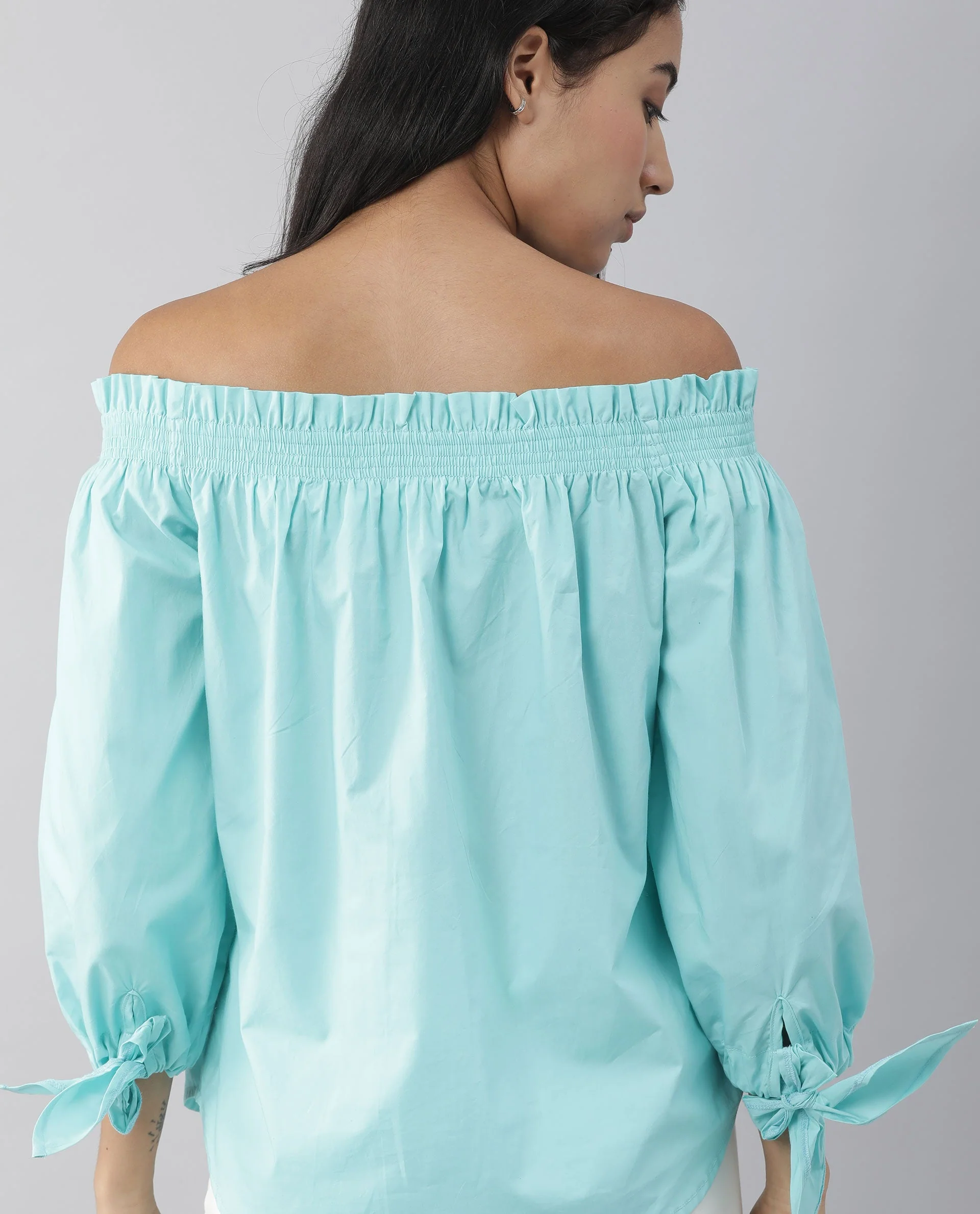 Rareism Womens Evenin Green Top Cotton Fabric Loose Fit Cold Shoulder Sleeve - Image 4