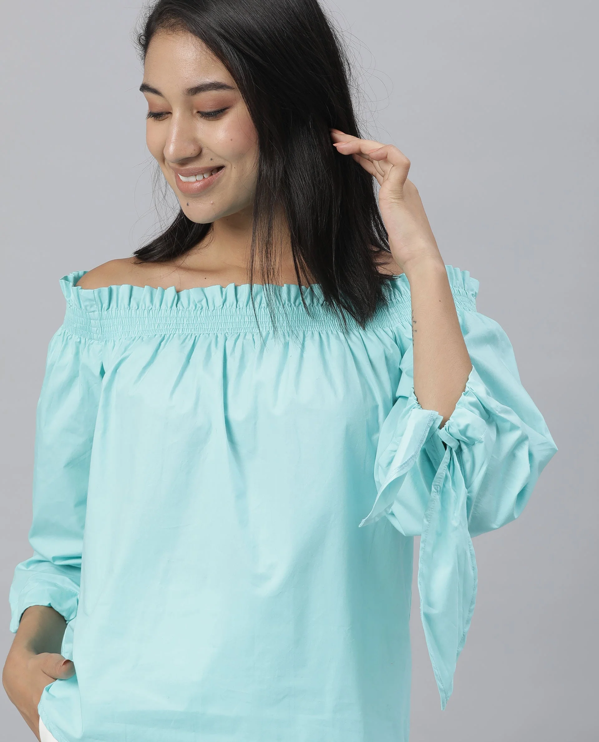 Rareism Womens Evenin Green Top Cotton Fabric Loose Fit Cold Shoulder Sleeve - Image 5
