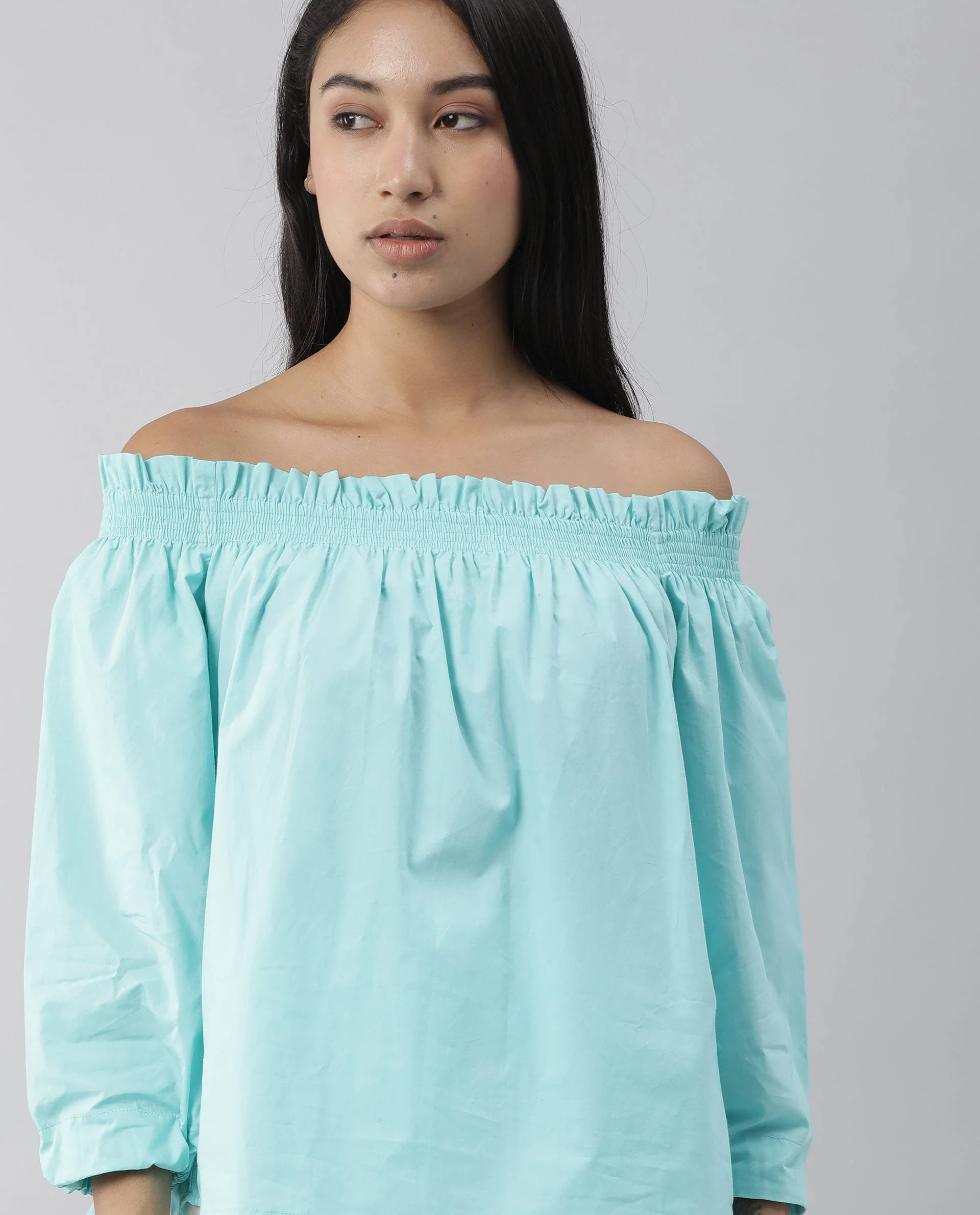 Rareism Womens Evenin Green Top Cotton Fabric Loose Fit Cold Shoulder Sleeve - Image 6
