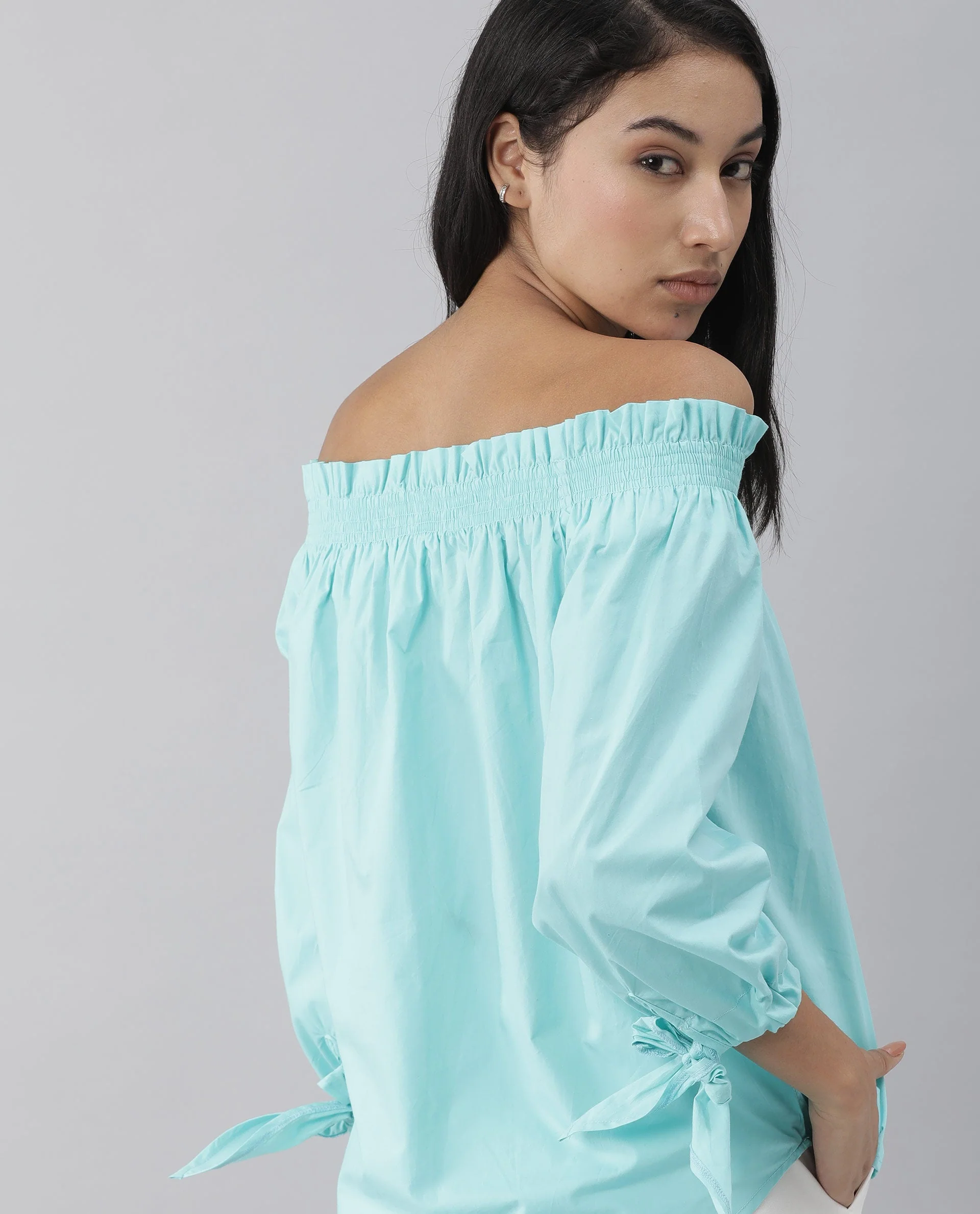 Rareism Womens Evenin Green Top Cotton Fabric Loose Fit Cold Shoulder Sleeve - Image 7